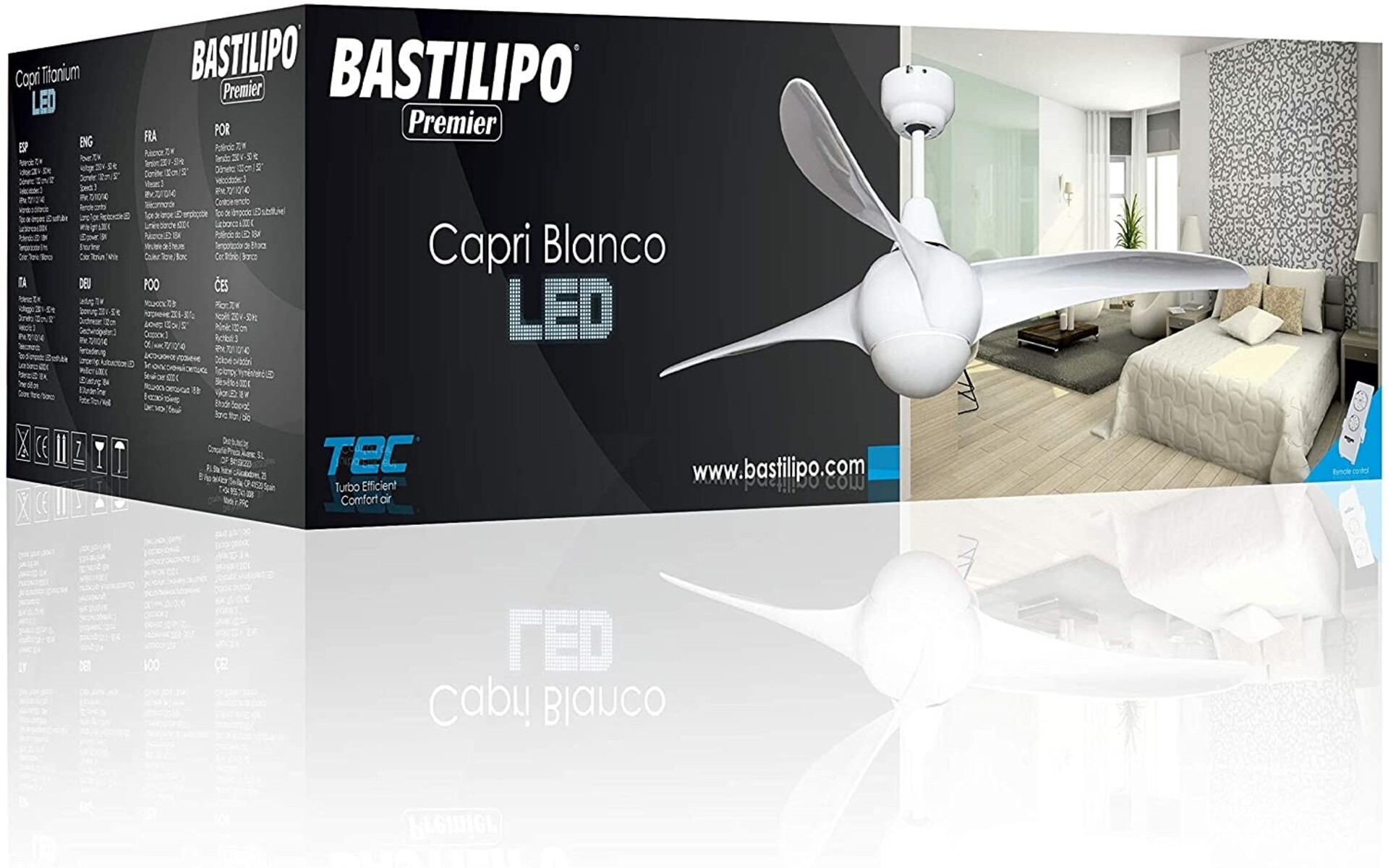 Una caja de ventilador de techo blanca con el nombre 'Bastilipo'. Un ventilador de techo está en la caja.