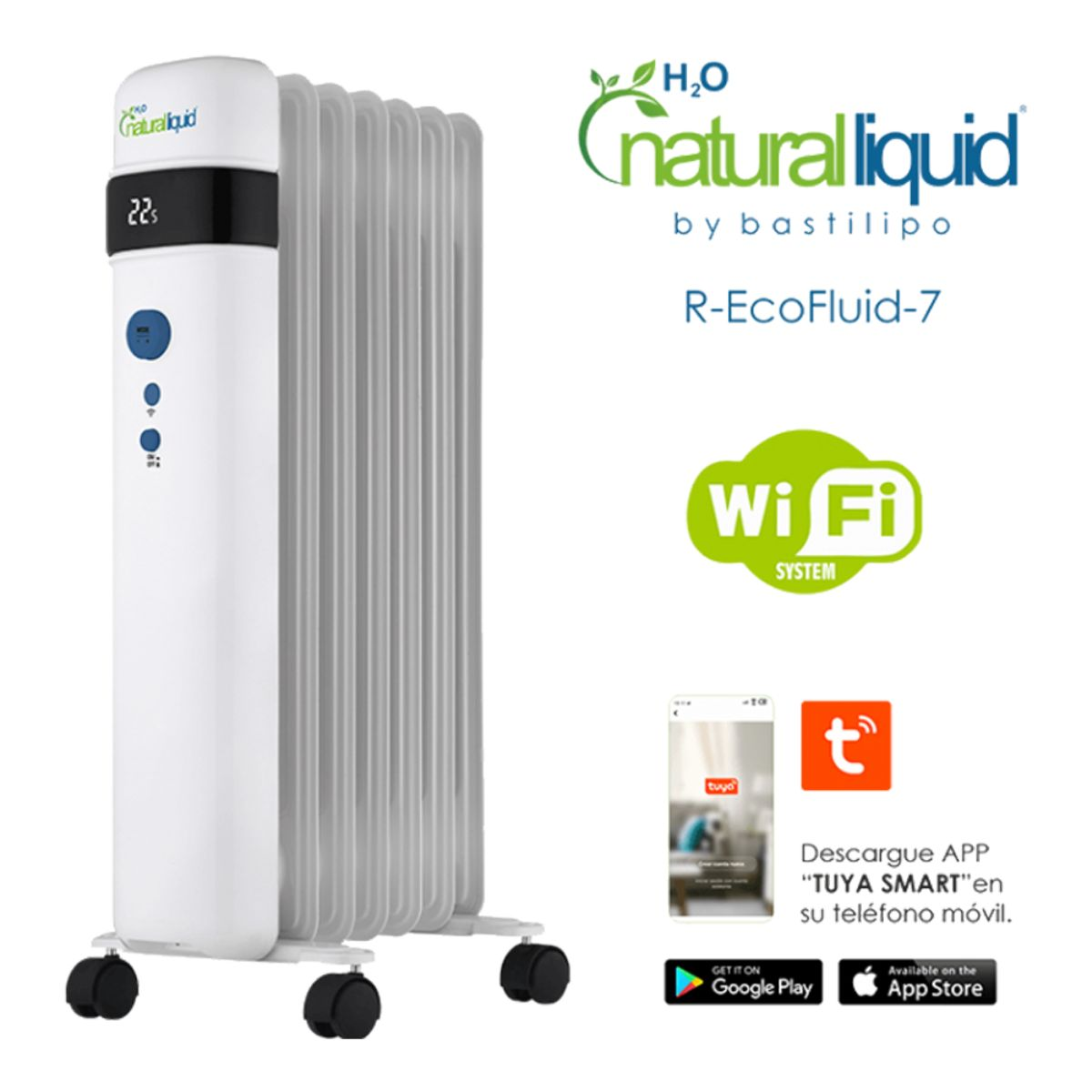 Radiador de aceite blanco con pantalla digital y las palabras 'natural liquid' impresas arriba.