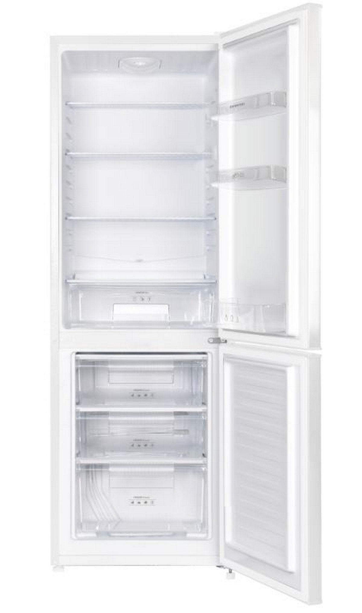 Refrigerador blanco abierto. El interior muestra estantes y cajones. La puerta está abierta, revelando el interior.