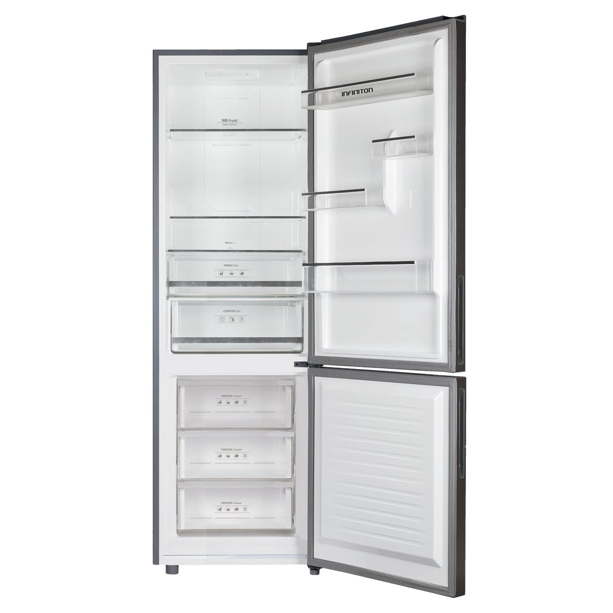 Nevera abierta con interior blanco, cajones y estantes. Exterior gris y blanco.