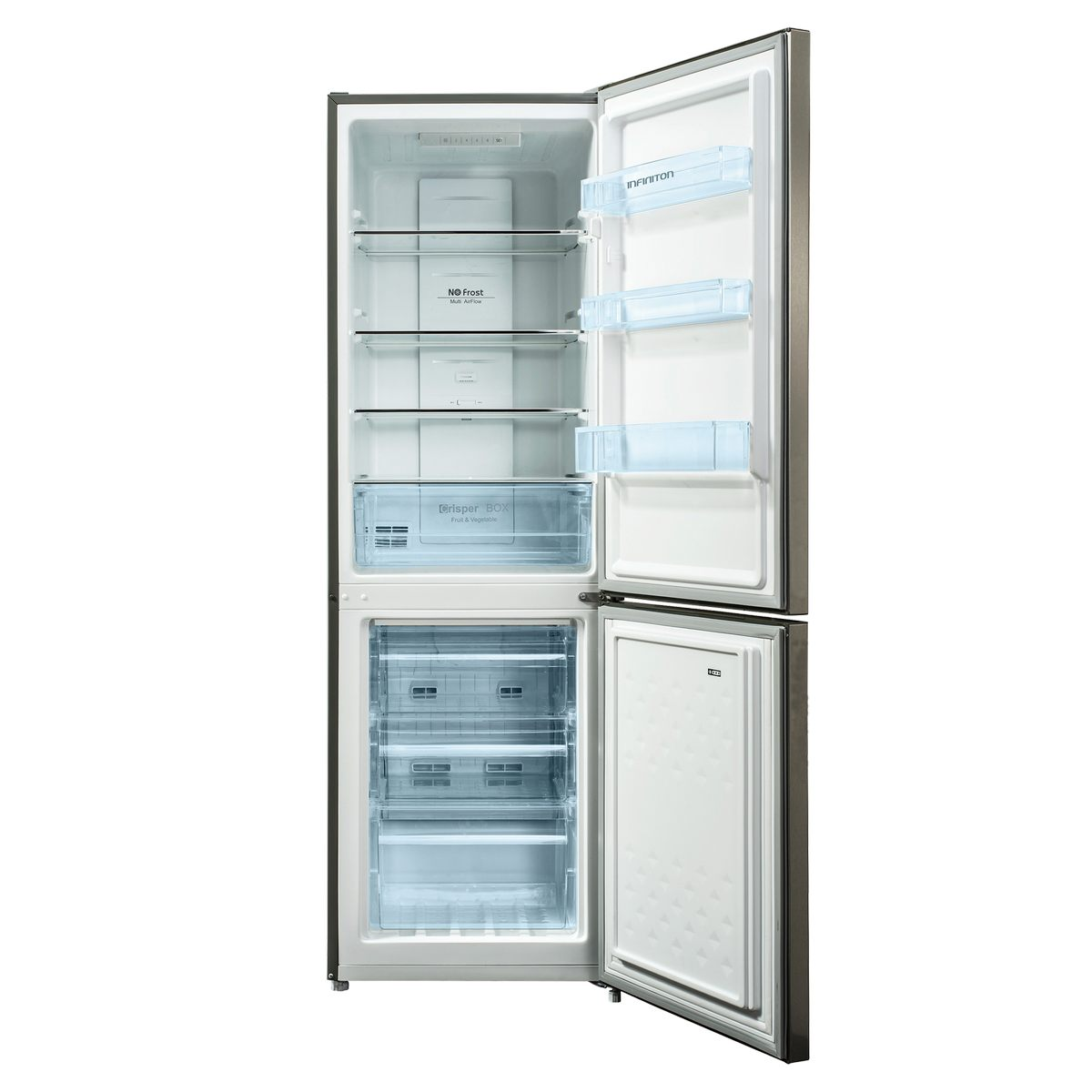 Refrigerador abierto con varios estantes. El congelador está en la parte inferior. El refrigerador tiene cajones azules.