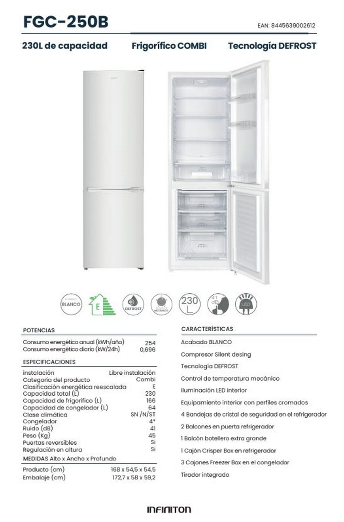Refrigerador blanco con puertas abiertas mostrando estantes, cajones y alimentos.