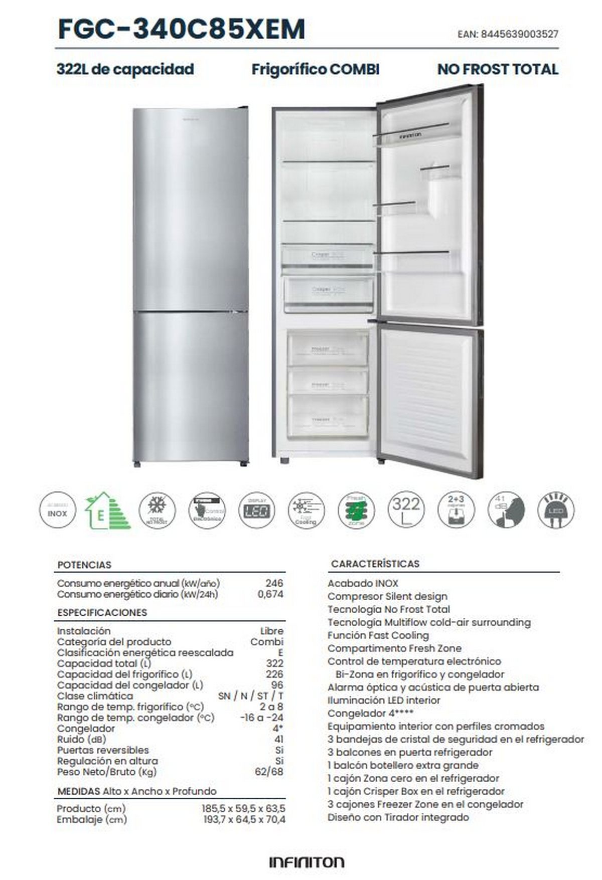 Un refrigerador plateado con puertas abiertas. El interior tiene estantes y cajones.