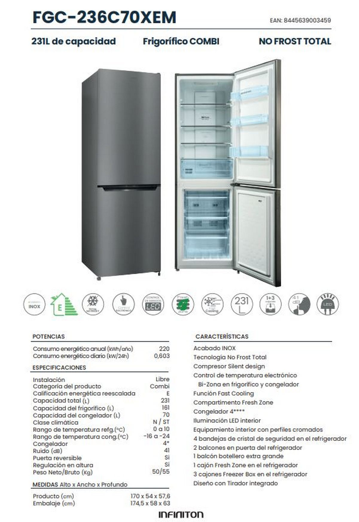 Refrigerador Infiniton con puertas abiertas. Gris con interior y detalles blancos. Texto con especificaciones.