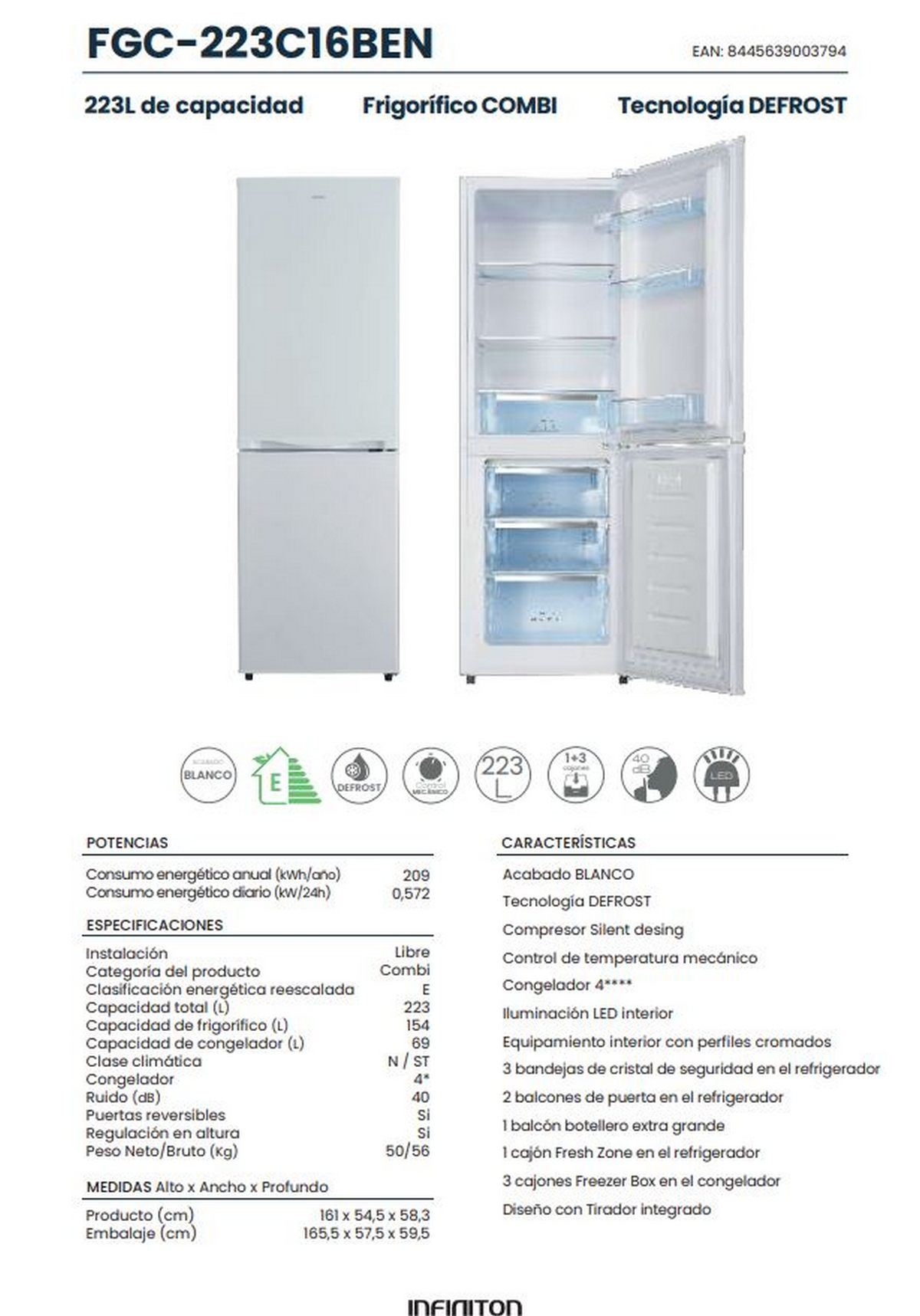 Un refrigerador blanco con las puertas abiertas, mostrando estantes e información del producto.