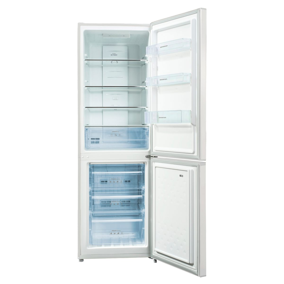 Un refrigerador blanco abierto muestra estantes, cajones y un compartimento congelador.
