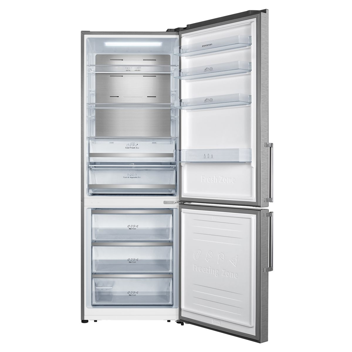 Refrigerador con puertas abiertas, mostrando estantes, cajones y contenido. La puerta es de acero inoxidable.
