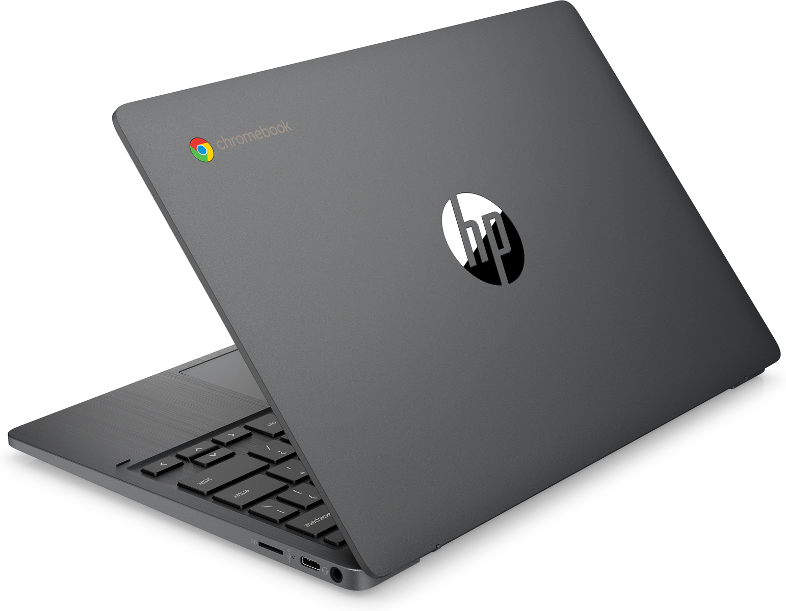 Ein grauer HP Chromebook-Laptop, geöffnet geneigt, mit sichtbarem HP-Logo.
