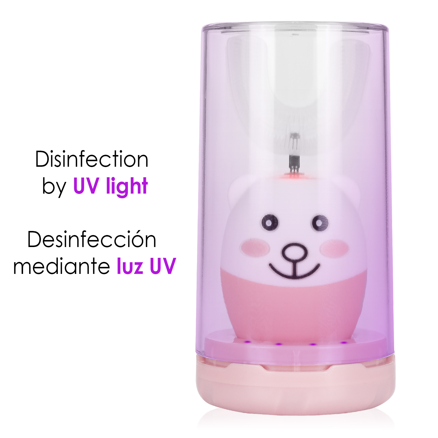 Ein rosa-weißes Desinfektionsgerät mit Bären-Design, eingeschlossen in einem transparenten rosa Gehäuse.