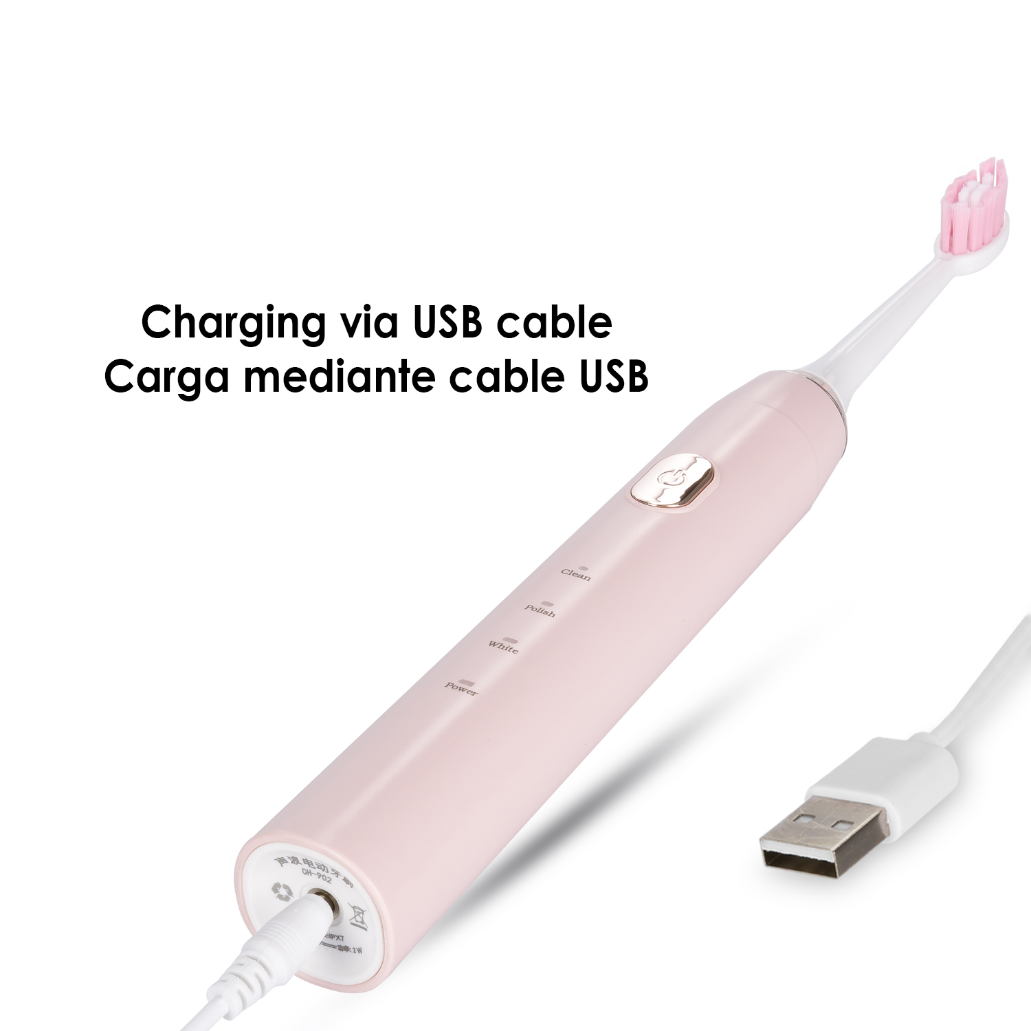 Eine rosa elektrische Zahnbürste mit weißem USB-Ladekabel.
