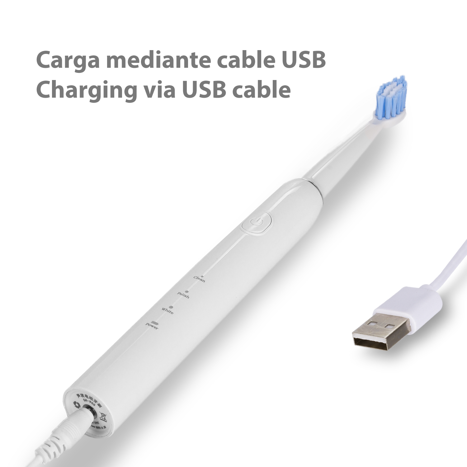Weiße elektrische Zahnbürste mit eingestecktem USB-Kabel.
