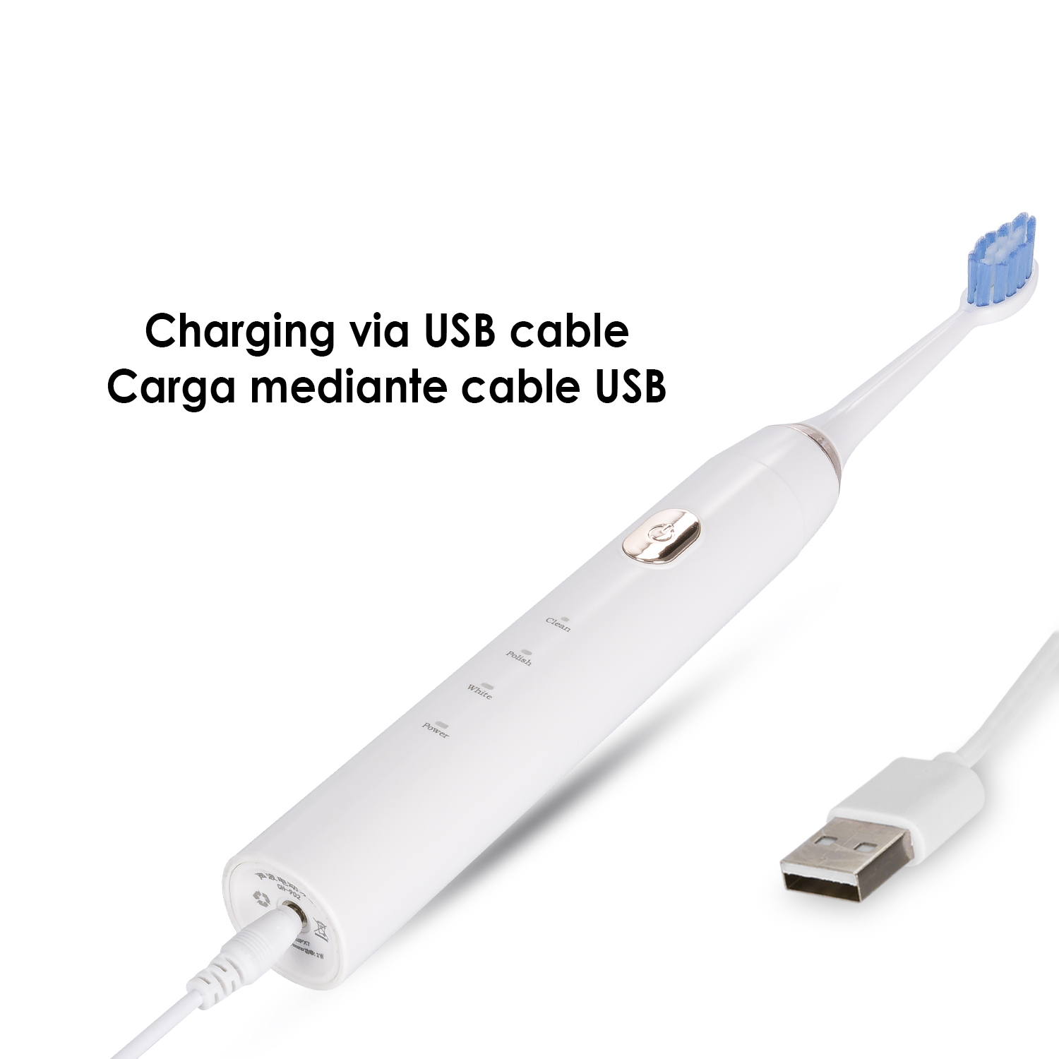 Weiße elektrische Zahnbürste mit Ladekabel und Anweisungen.