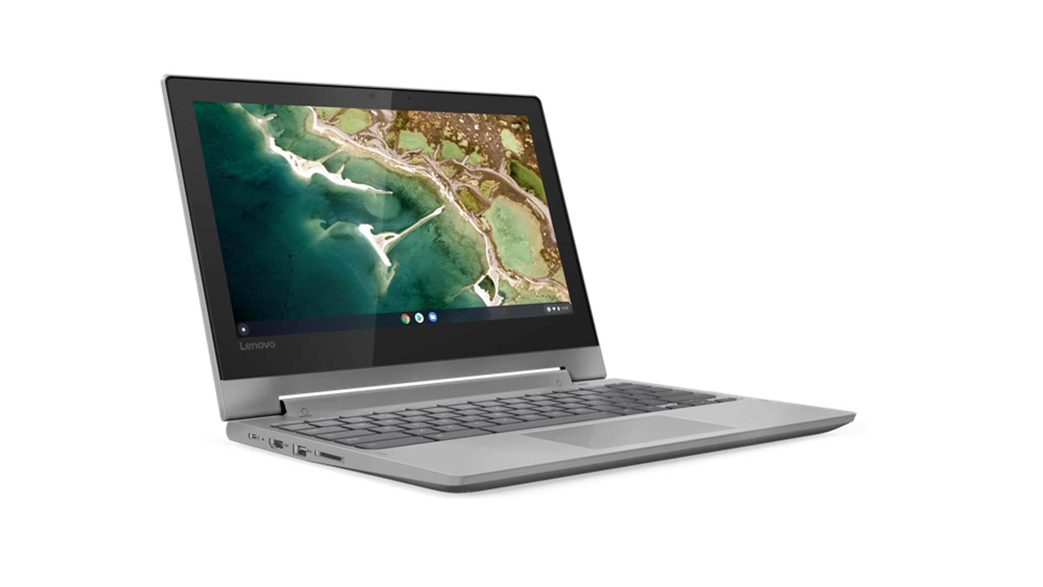 Lenovo Chromebook Laptop geöffnet, mit grünem und blauem Bildschirm, auf weißem Hintergrund.
