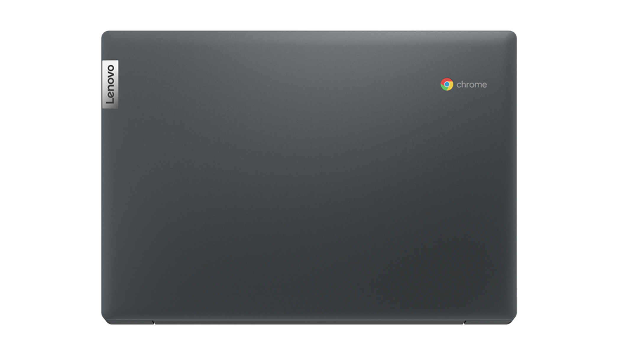 Laptop Lenovo Chromebook grigio chiuso. Loghi Lenovo e Chrome sul coperchio.