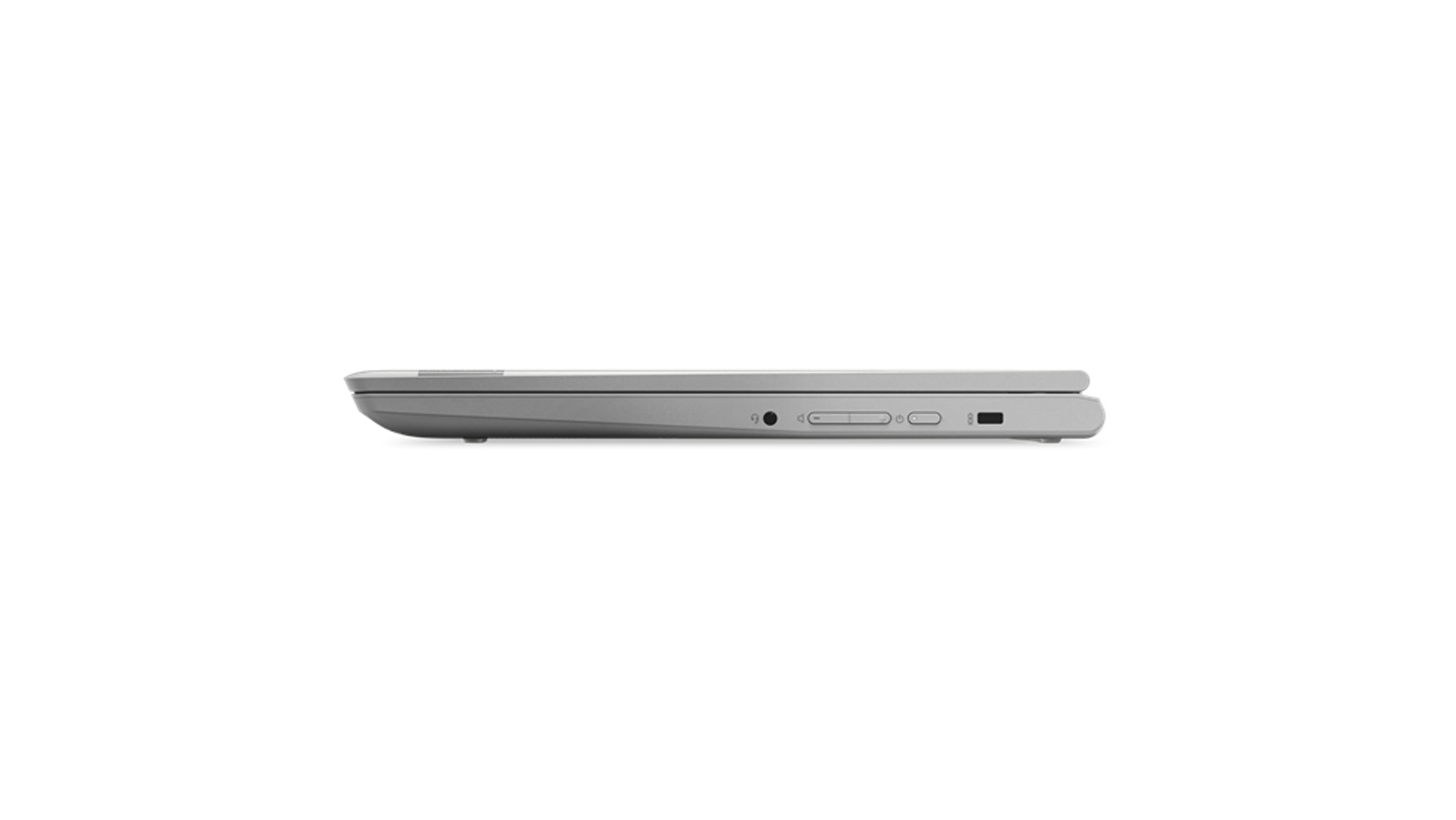 Seitenansicht eines geschlossenen silbernen Laptops auf weißem Hintergrund.