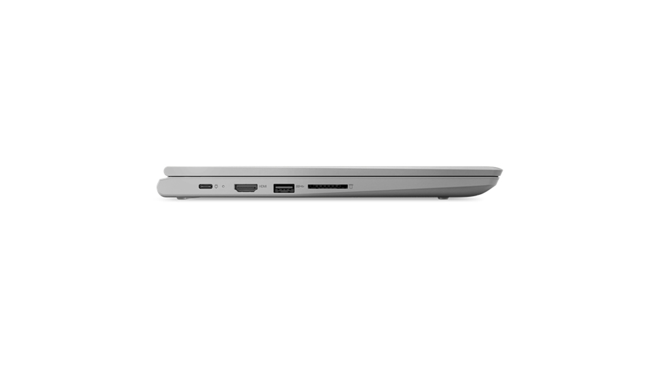 Seitenansicht eines grauen Laptops mit verschiedenen Anschlüssen und weißem Hintergrund.