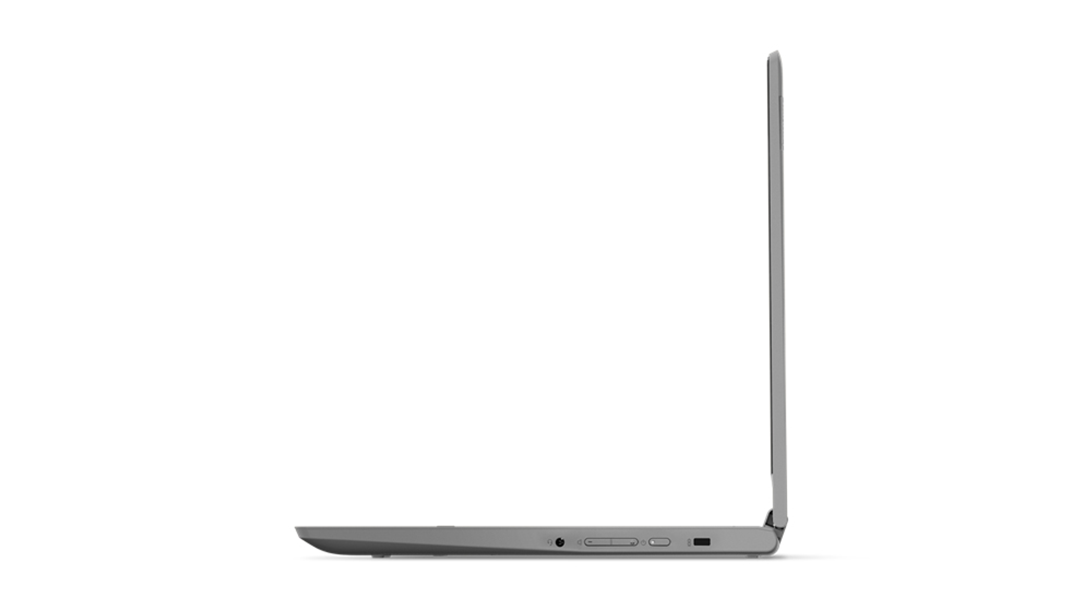 Seitenansicht eines geschlossenen grauen Laptops auf weißem Hintergrund. Schlank und modern.