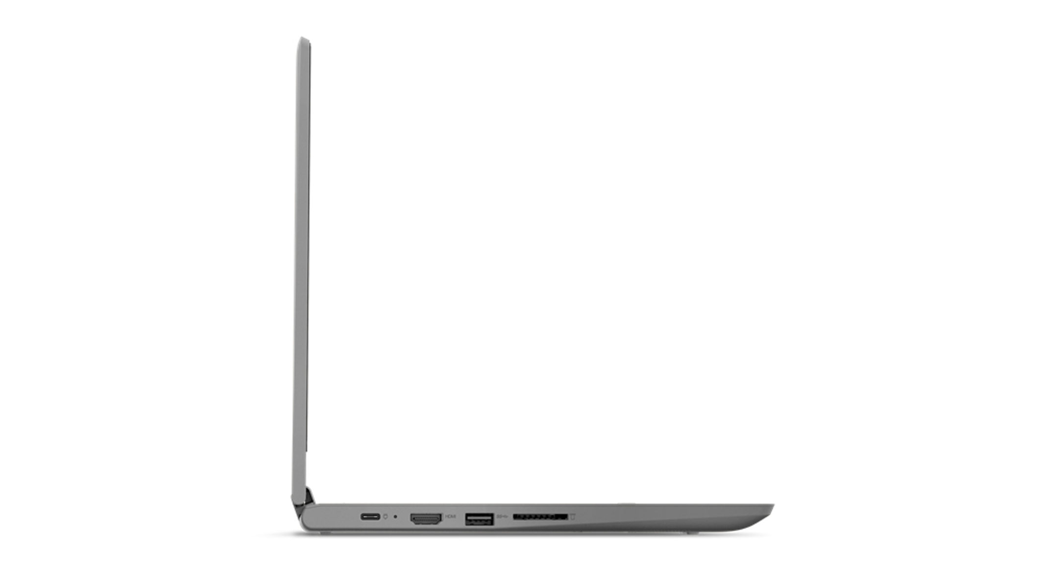 Ein grauer Laptop im Profil, der die Seite mit Anschlüssen und einem geschlossenen Bildschirm zeigt.