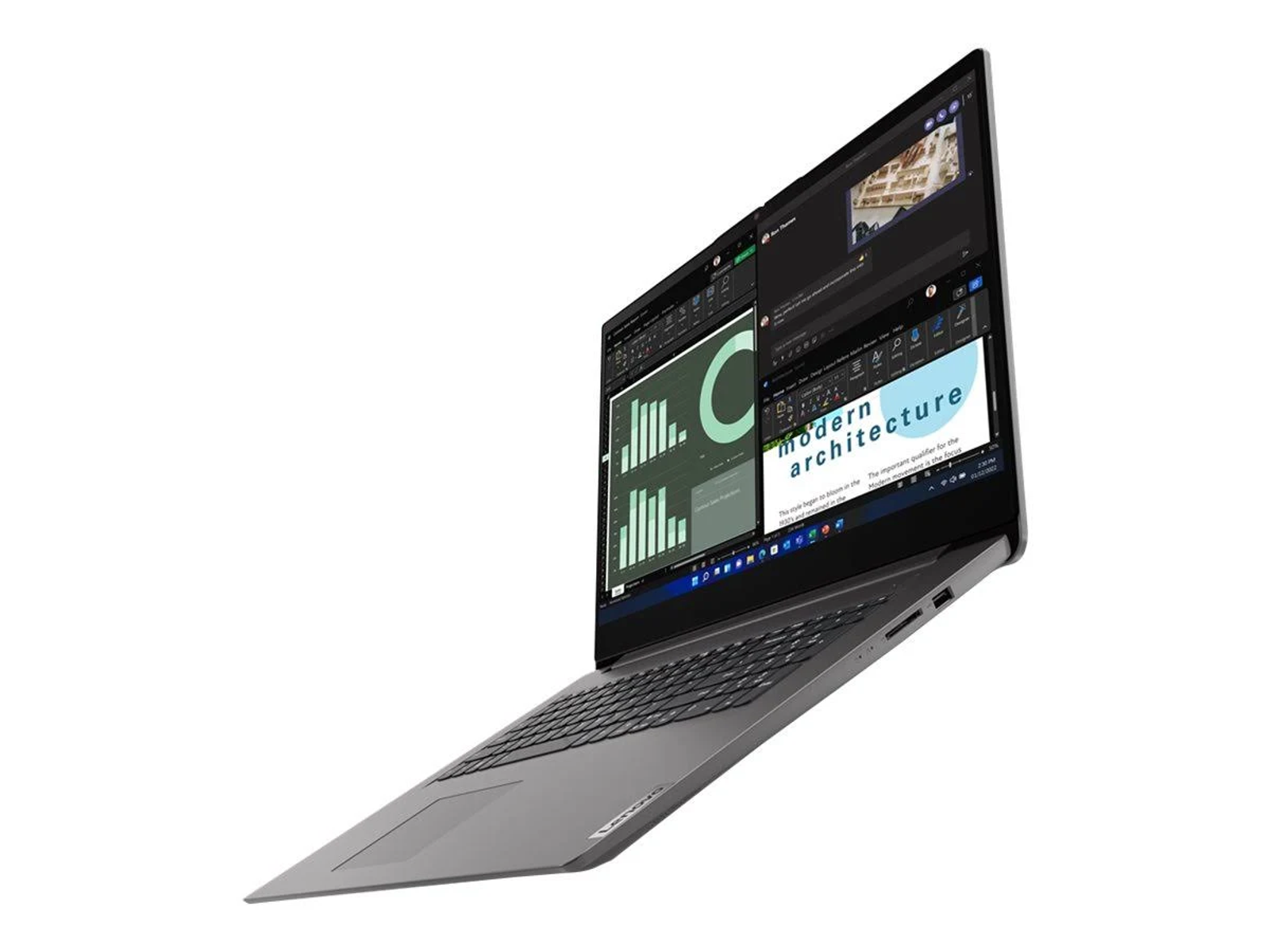Ein grauer Laptop mit Diagrammen und Text auf weißem Hintergrund, in Schrägansicht.