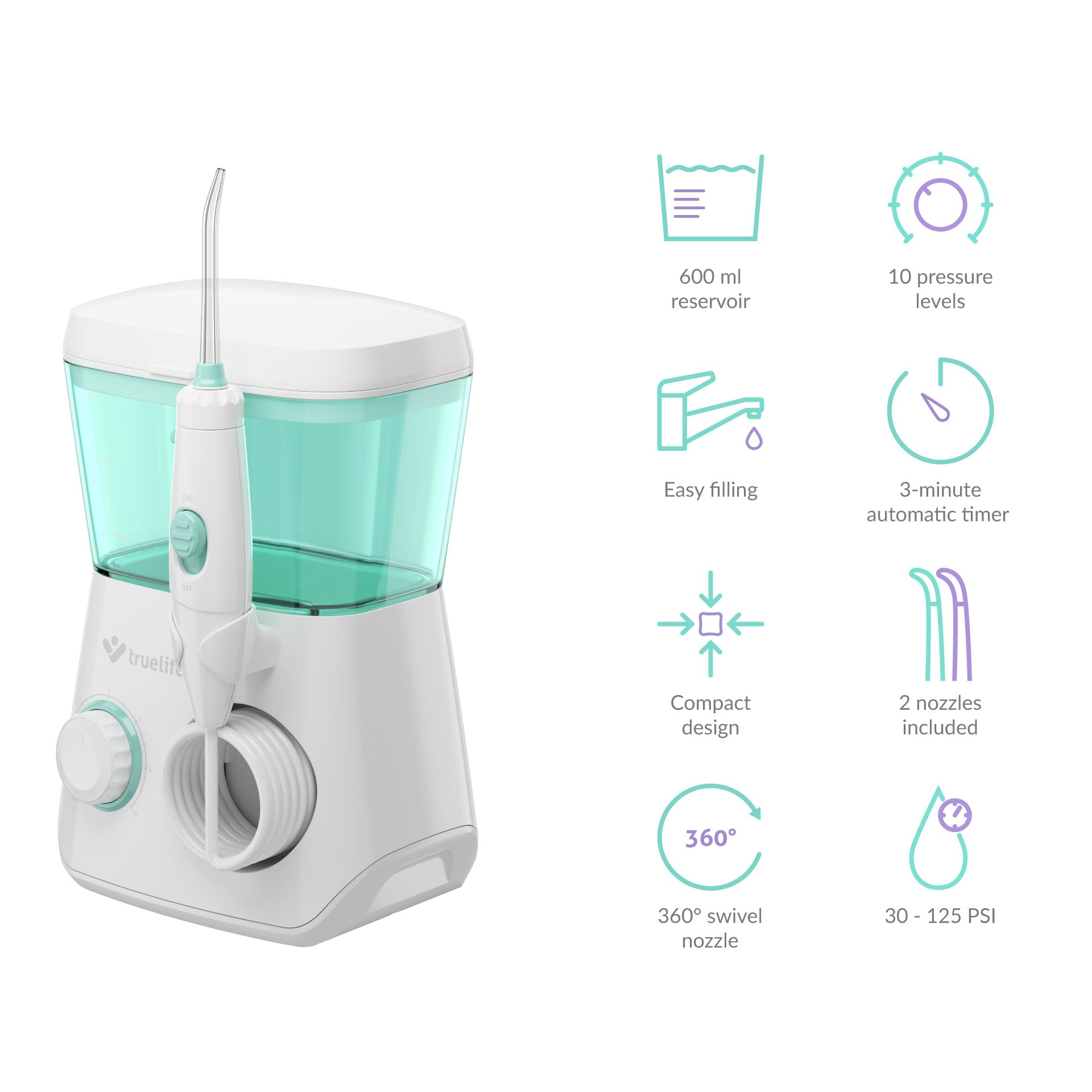 Weißer und türkisfarbener Wasserflosser mit Symbolen, die Funktionen wie Behälterkapazität und Druckstufen zeigen.