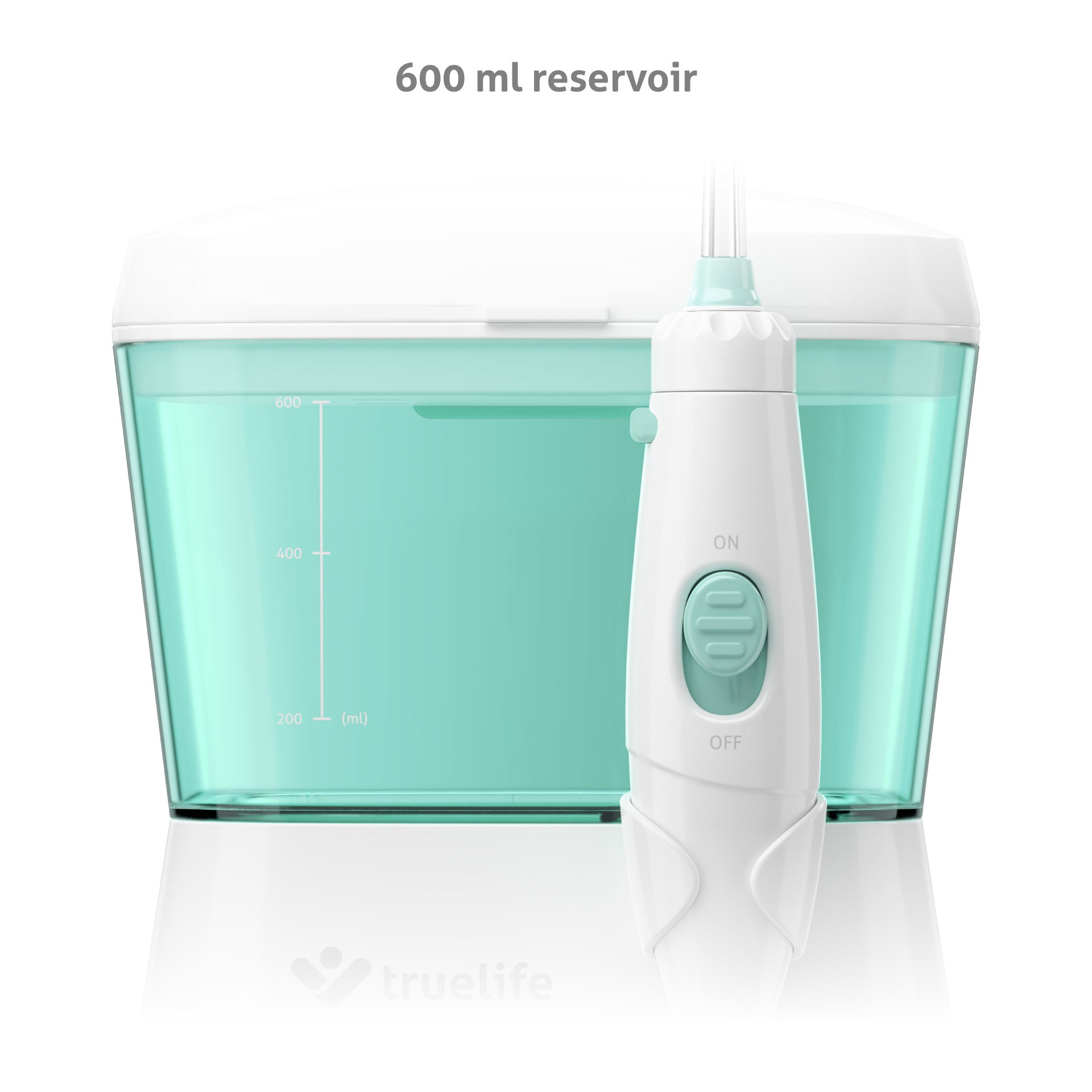 Weiß-türkisfarbener Wasserflosser mit einem 600-ml-Behälter.