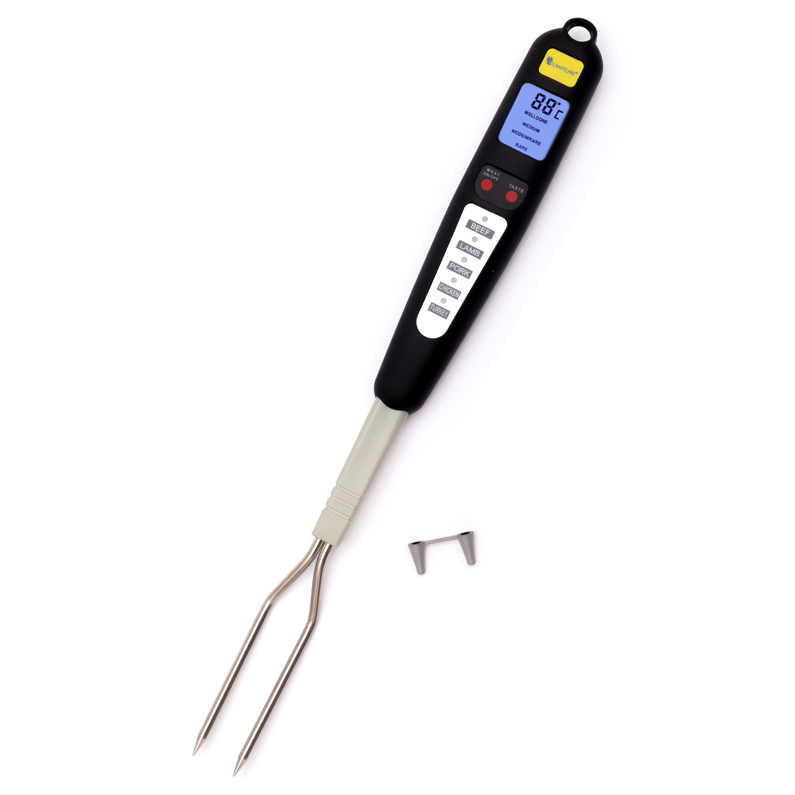 Schwarzes digitales Fleischthermometer. Zwei Zinken. Metallclip. Weißer Hintergrund.
