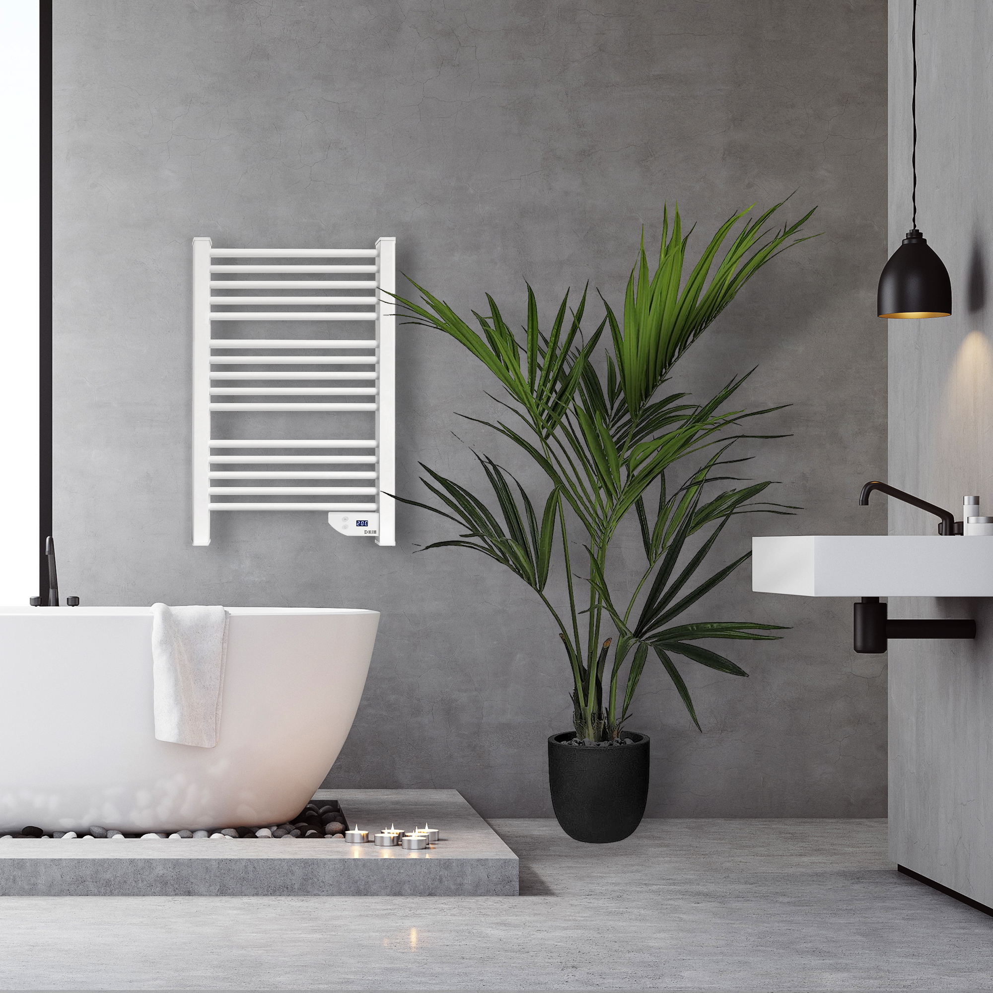 Una escena de baño moderno con un toallero blanco, bañera y una planta verde.