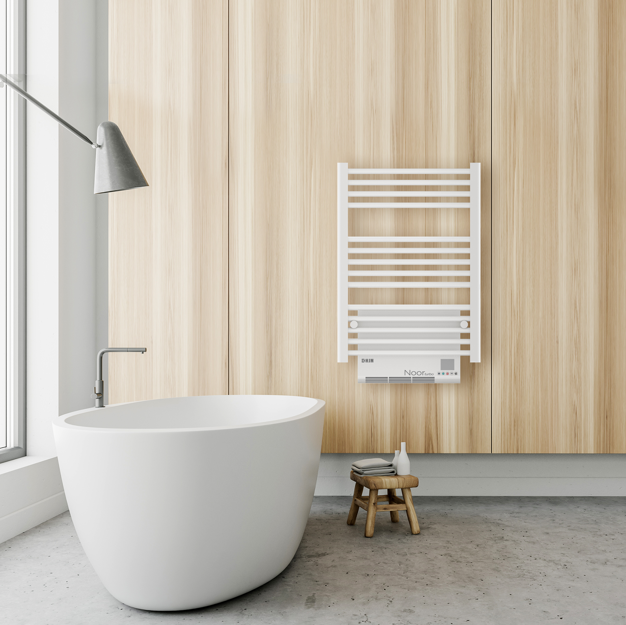 Un baño con una bañera blanca, detalles de madera, un toallero y una ventana.