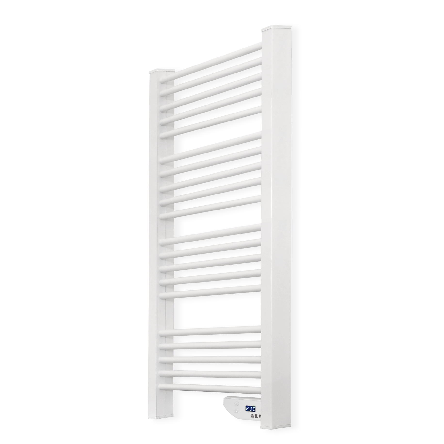 Un toallero blanco con calefacción, montado en una pared blanca.