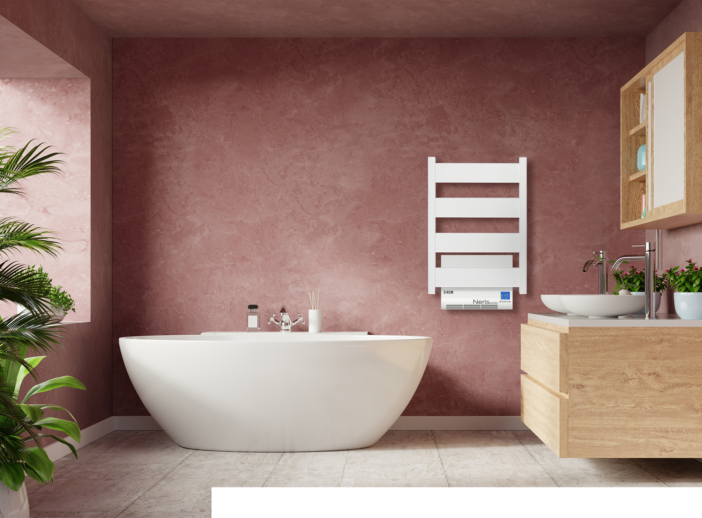 Un baño moderno con bañera blanca y toallero blanco. Fondo de pared rosa.