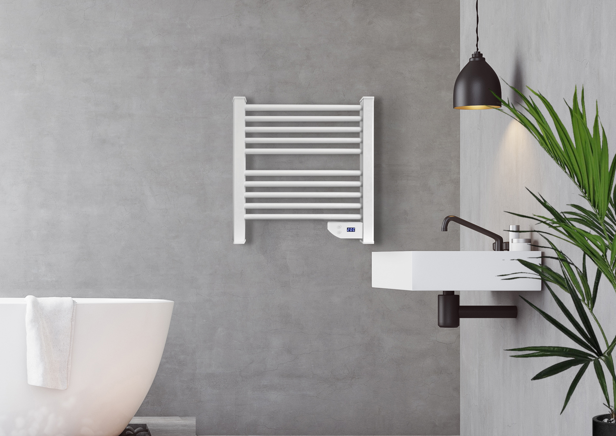 Escena de baño con toallero en pared gris, lavabo y planta.