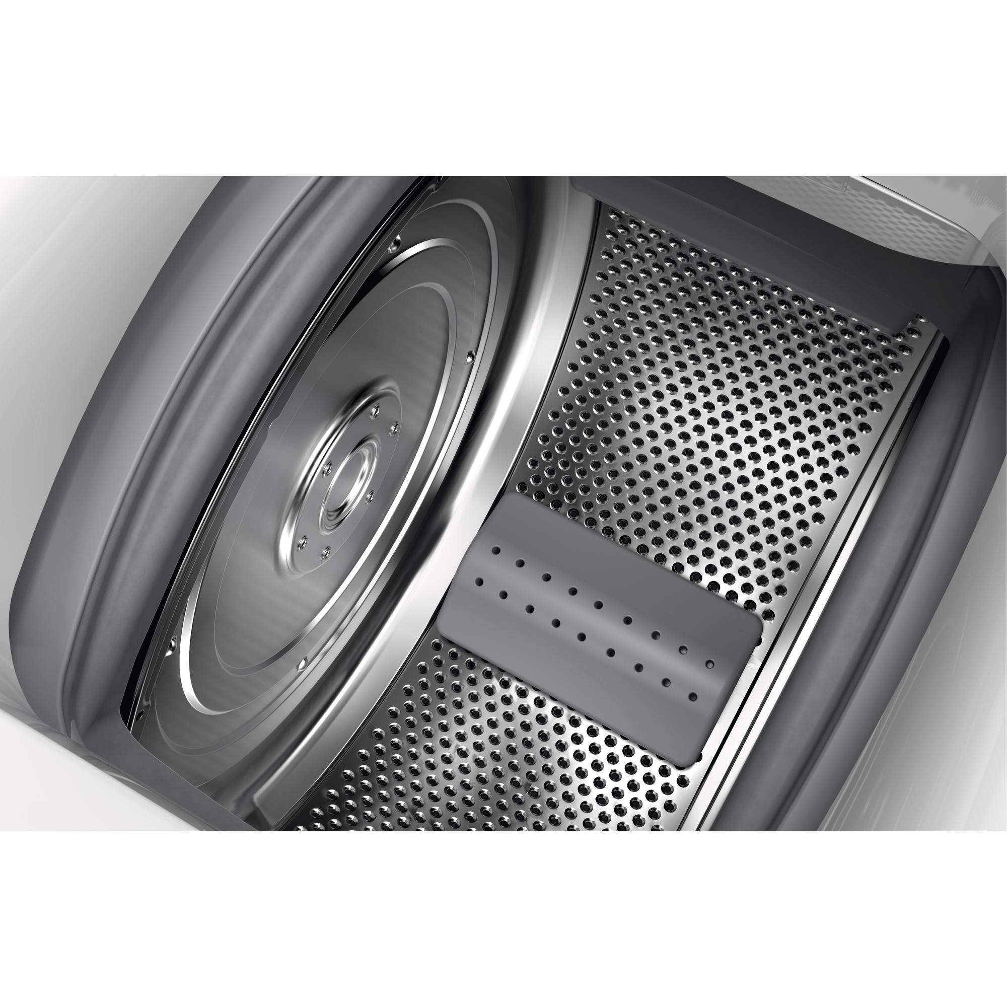 Widok wewnątrz suszarki. Perforowany metalowy bęben z wentylatorem na tylnej ścianie.