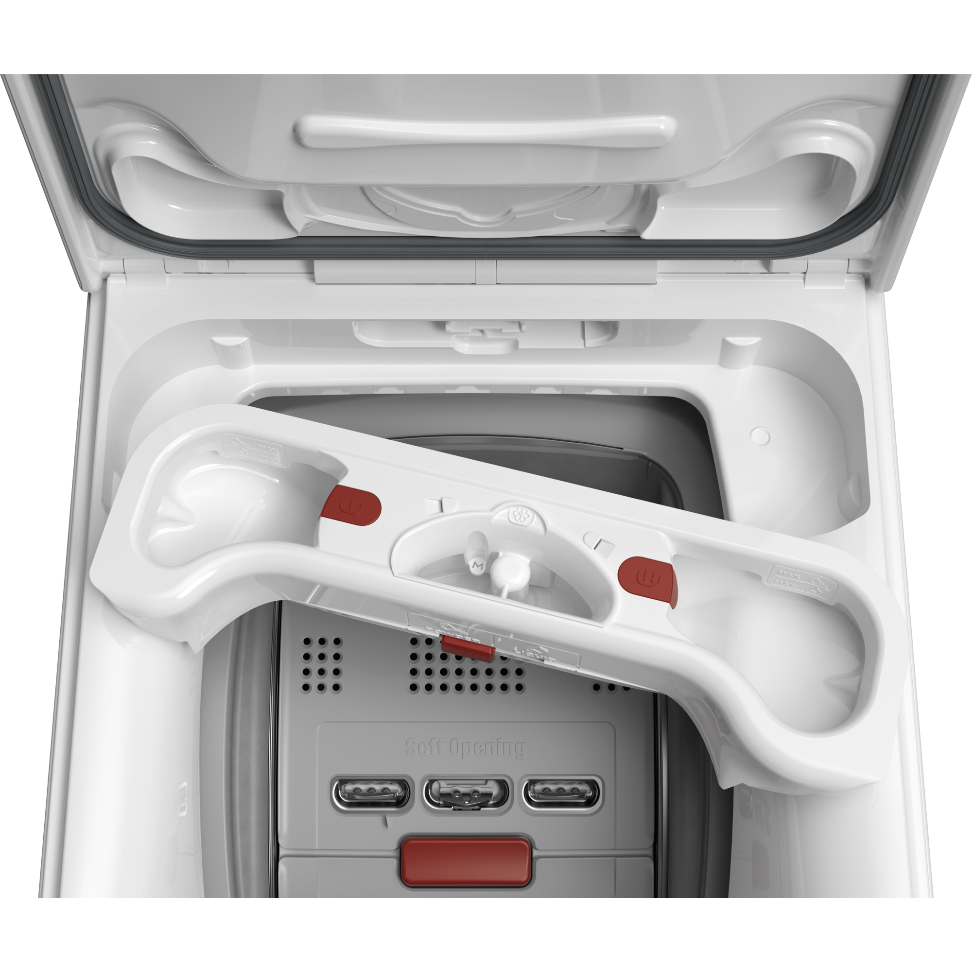 Wnętrze pralki. Otwarta góra z białą szufladą na detergent i płyn do płukania. Widoczny miękki otwór.