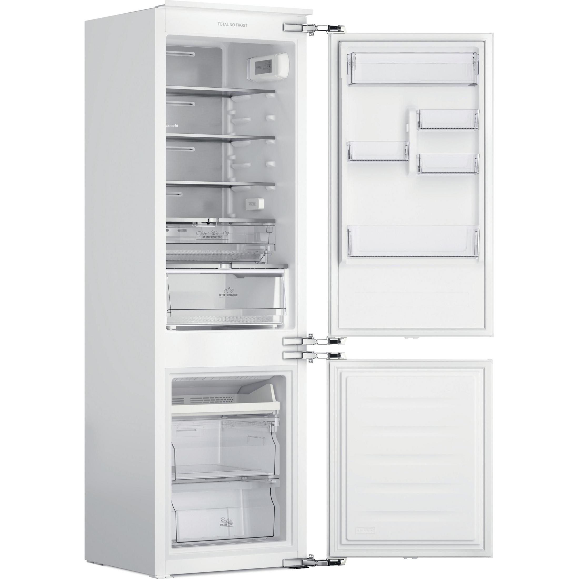 Weißer Kühlschrank mit geöffneten Türen, zeigt Regale, Schubladen und Innenraum.