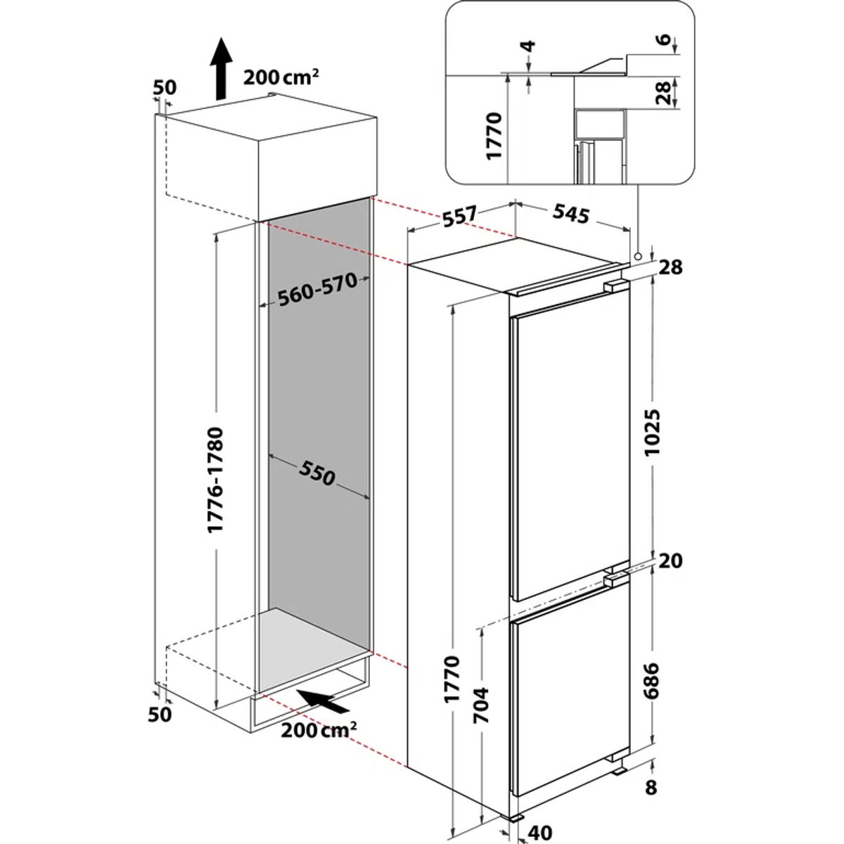 Diagramm eines Kühlschranks mit Maßen in cm und mm auf weißem Hintergrund.