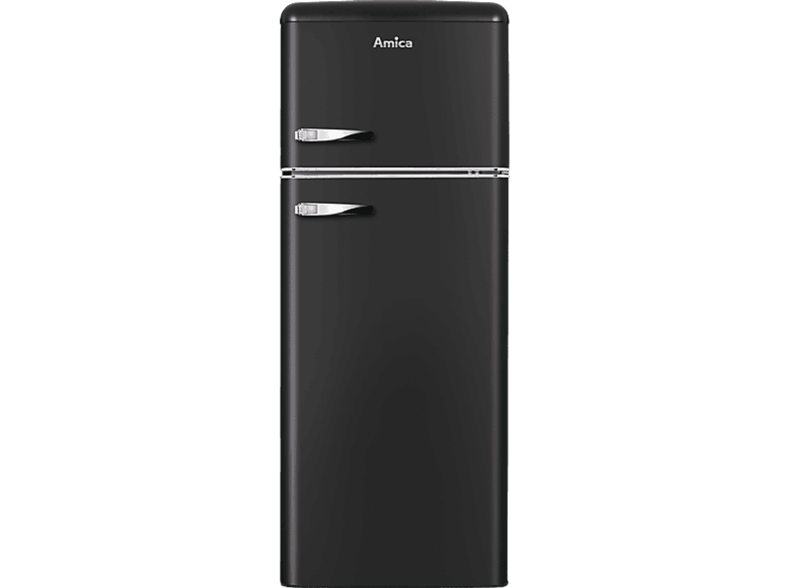 Schwarzer Amica-Kühlschrank, zwei Türen, Edelstahlgriffe, auf schwarzem Hintergrund.