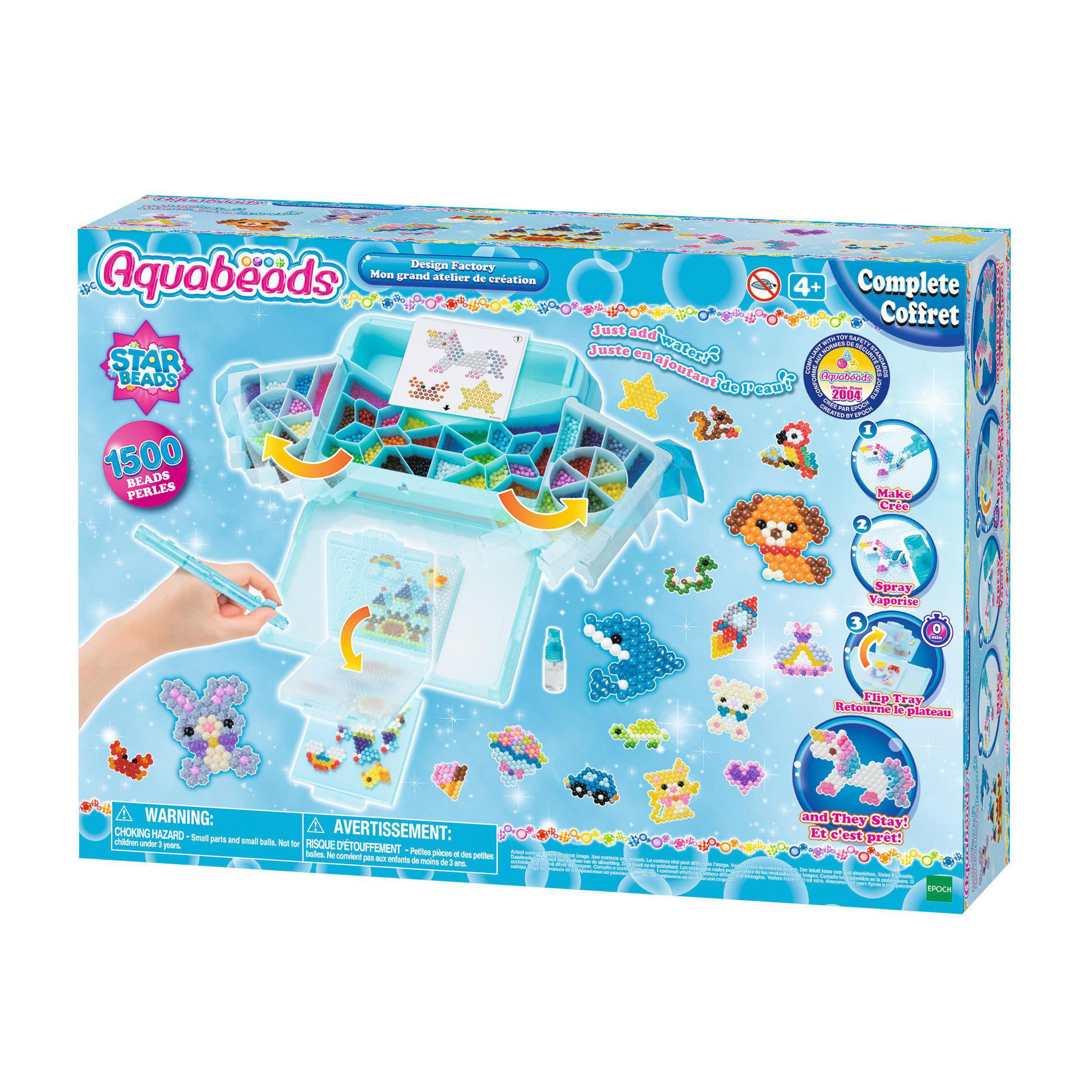 Una scatola di Aquabeads, un kit artigianale con perline, strumenti ed esempi di prodotti finiti.