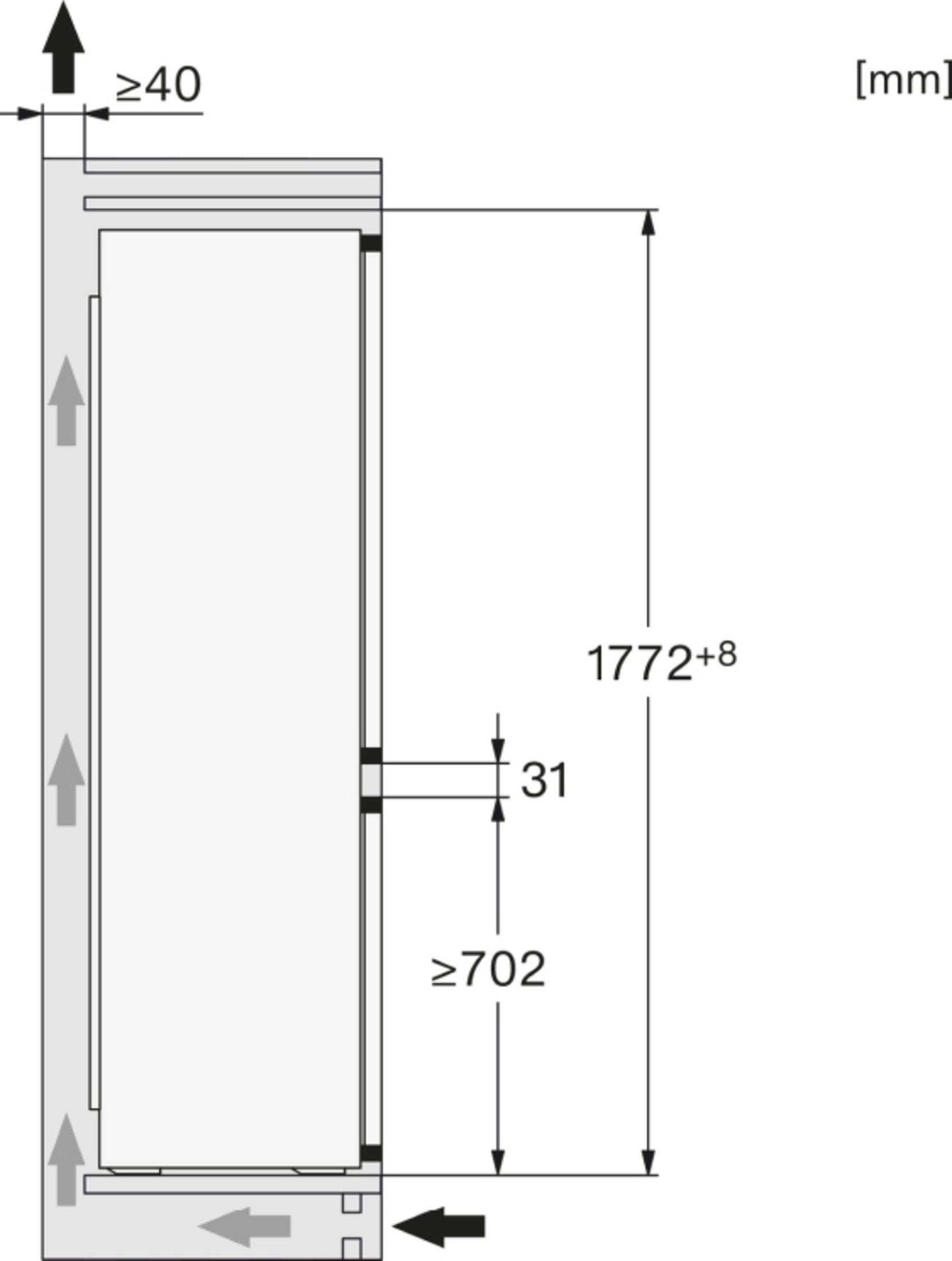 Diagramm mit Abmessungen für einen Kühlschrank. Zeigt Höhe, Breite und andere Maße.