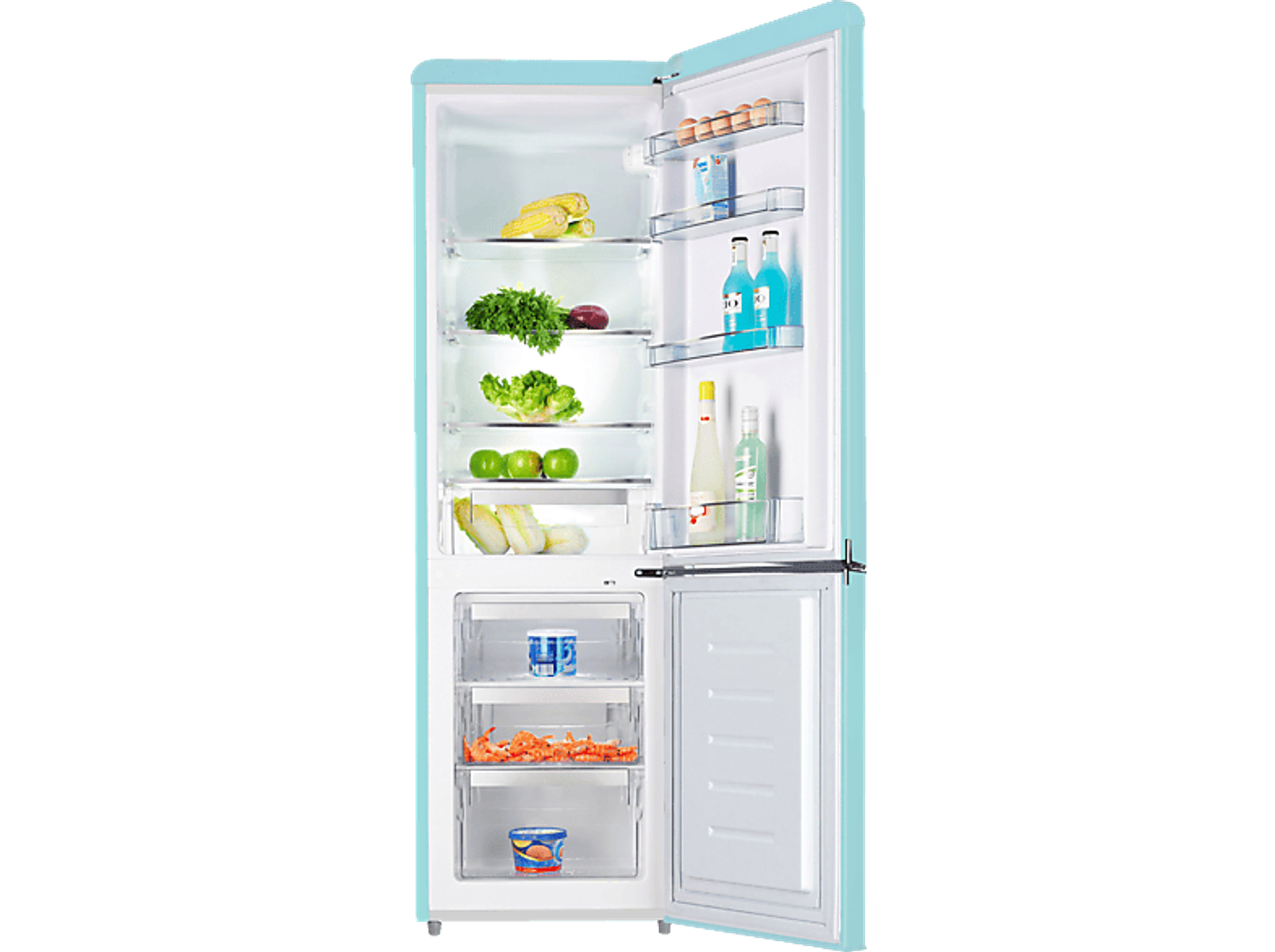 Offener Kühlschrank mit Lebensmitteln und Getränken.