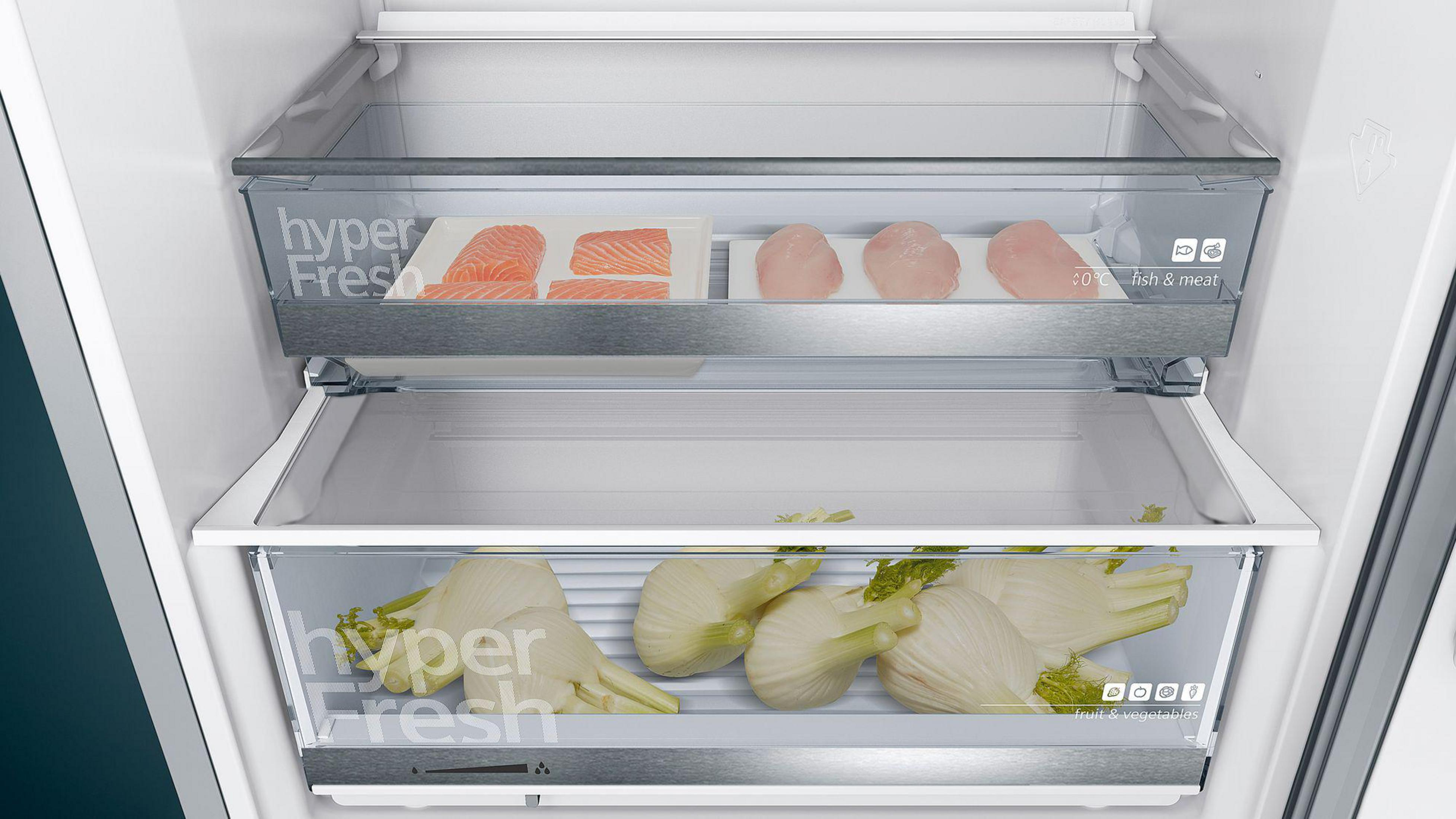 Kühlschrankinnenraum mit zwei Schubladen: eine mit Fisch und die andere mit Fenchel.