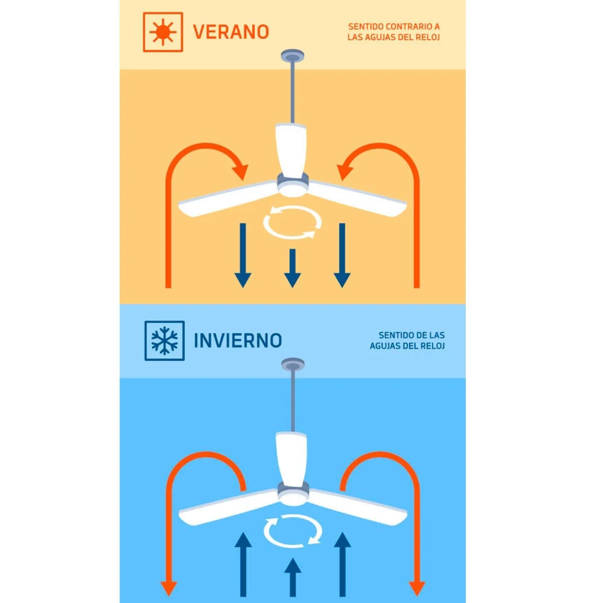 Diagramma mostra un ventilatore a soffitto con direzioni del flusso d'aria estivo e invernale.