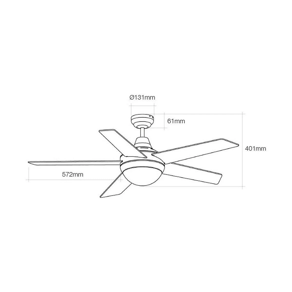 Un ventilatore da soffitto bianco con quattro pale. Le misure sono visualizzate sul diagramma.