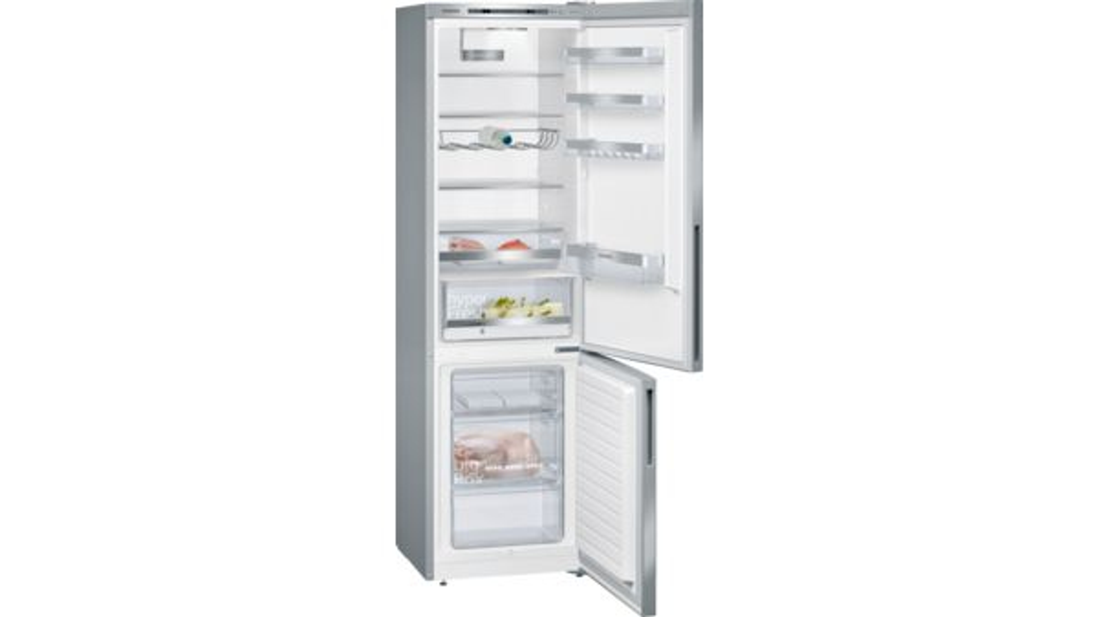 Geöffneter Kühlschrank mit Regalen und Schubladen mit Lebensmitteln.