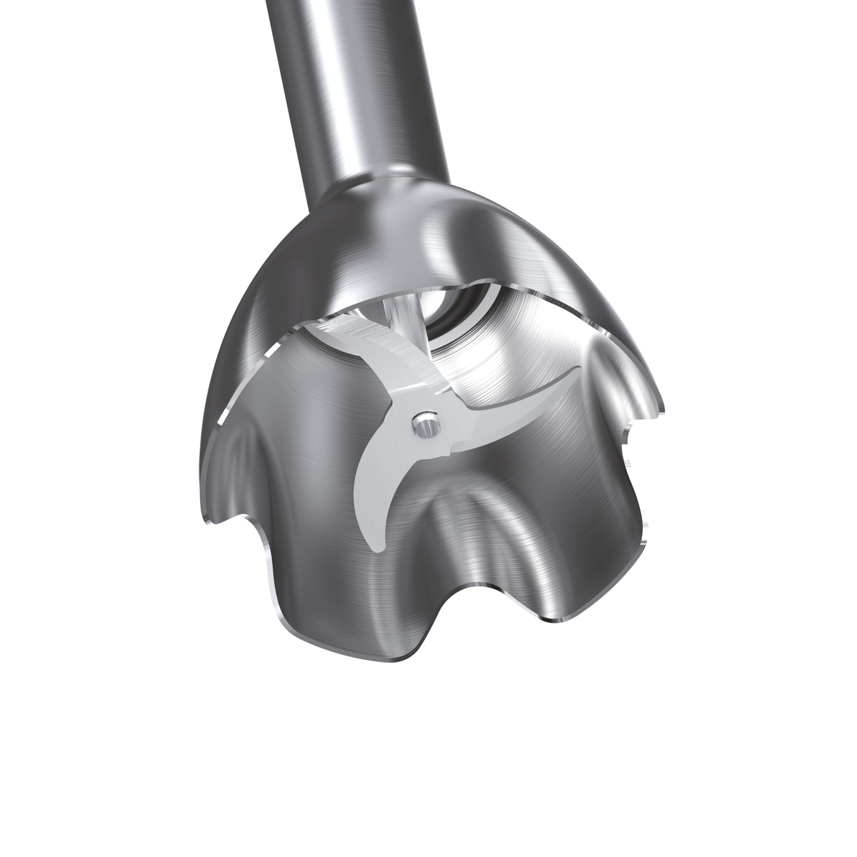 Zbliżenie srebrnej głowicy blendera ręcznego z trójostrzowym wzorem. Ostrza są białe.