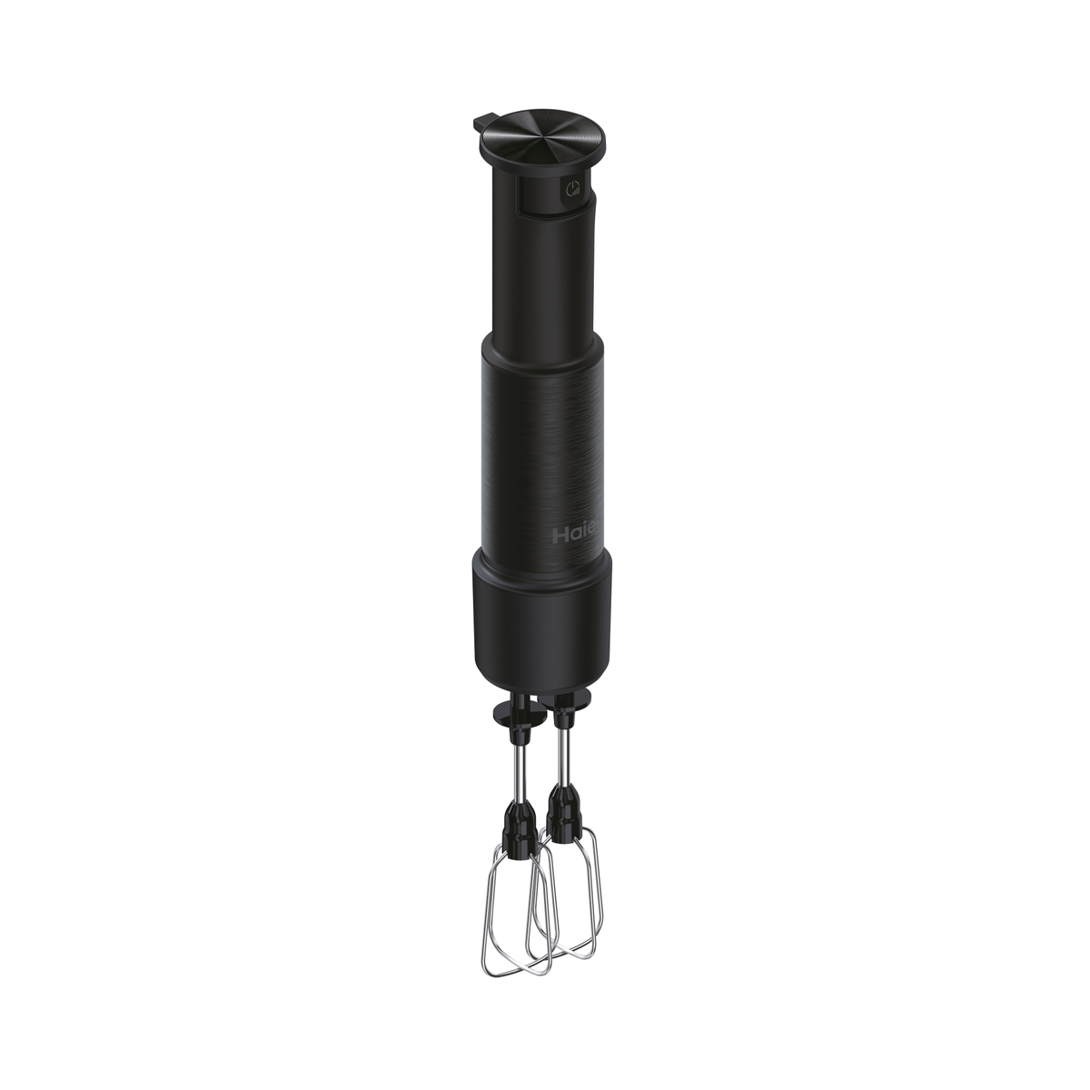 Black hand mixer with two beaters, standing upright.