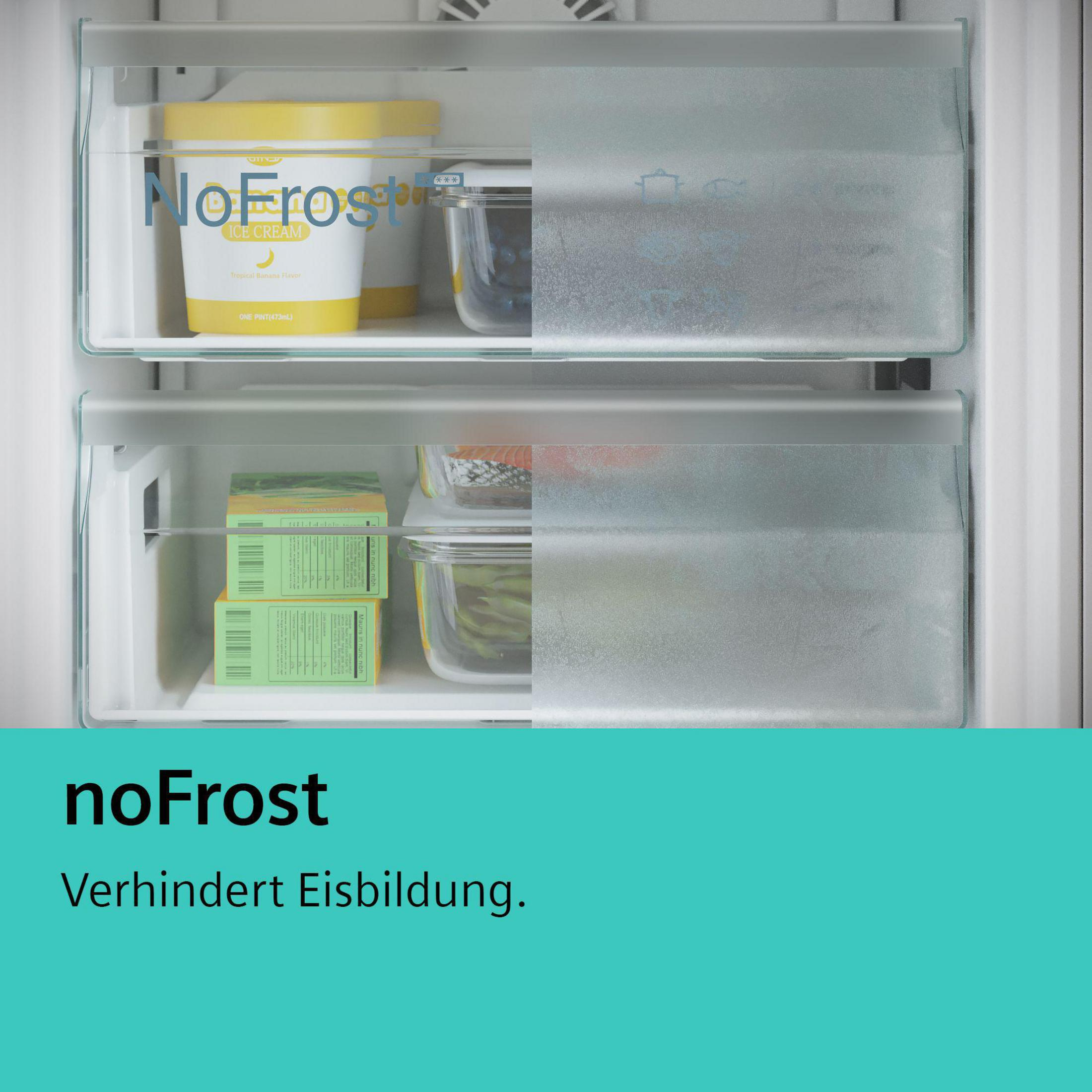 Kühlschrankinnenraum mit einem Behälter Eis und Lebensmitteln. Text lautet 'noFrost'.