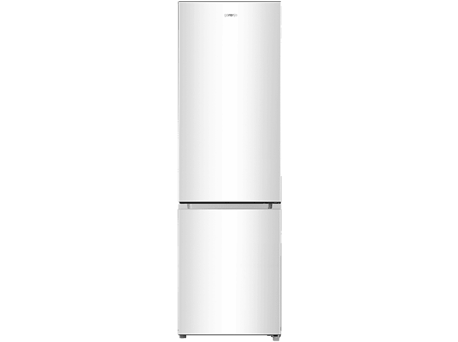 Biała lodówka Gorenje, dwudrzwiowa konstrukcja, z nazwą marki.
