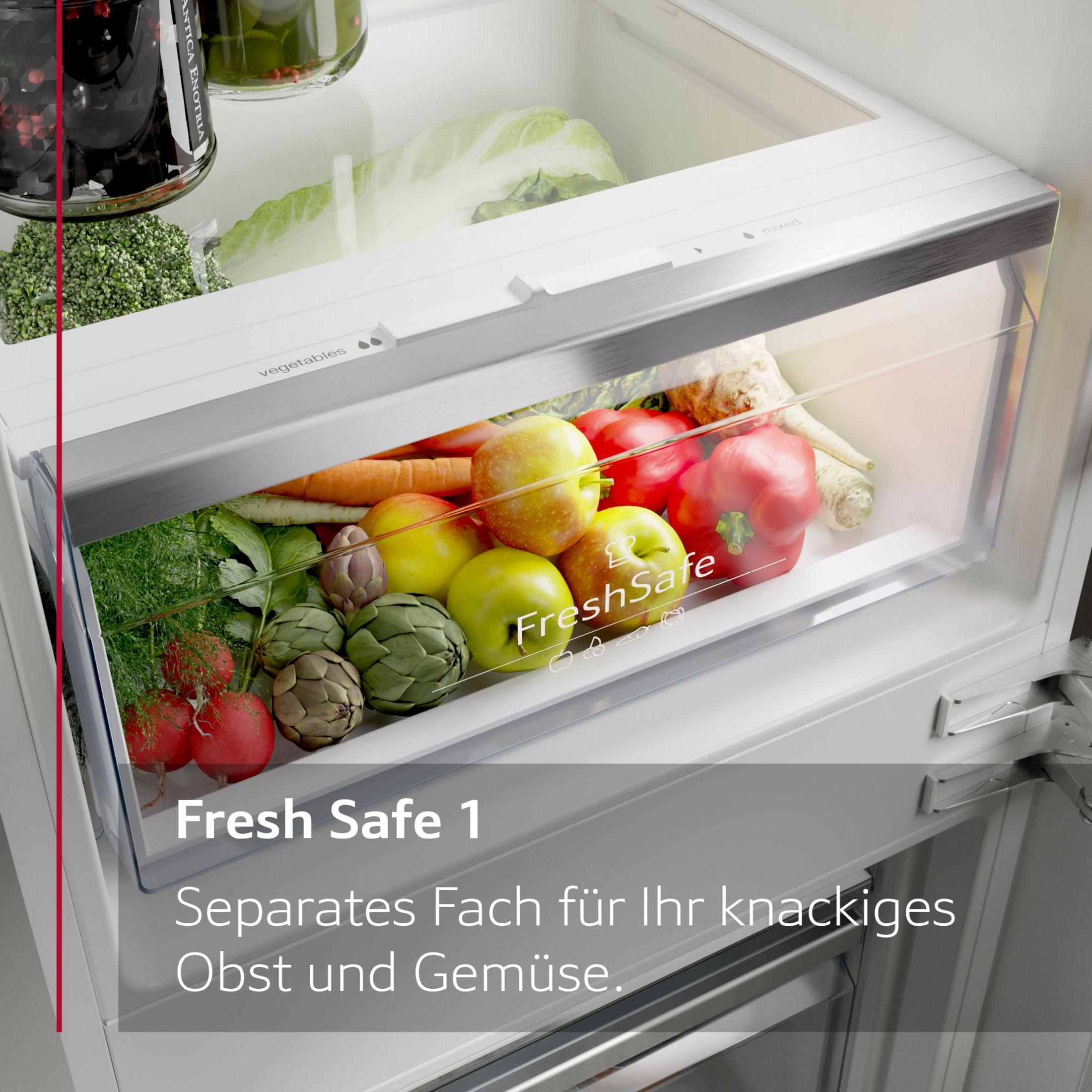 Kühlschublade mit bunten Gemüse und Früchten, beschriftet mit 'FreshSafe'.