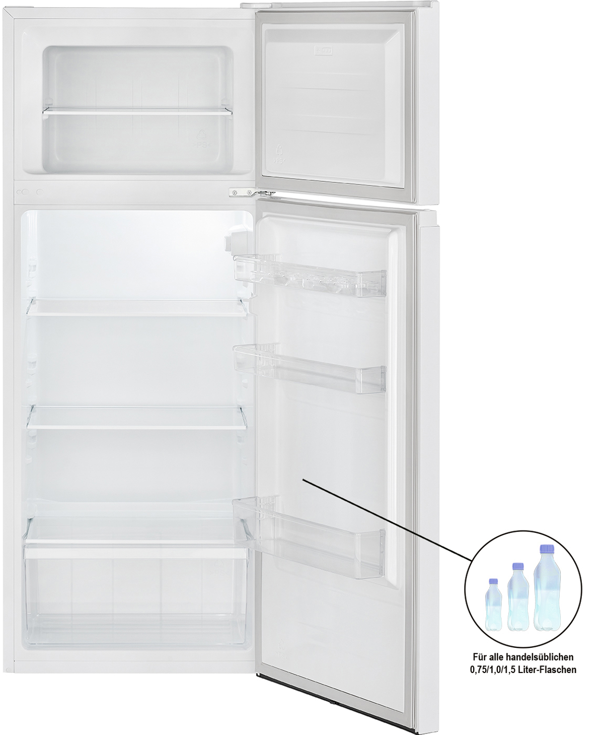 Weißer Kühlschrank offen mit Regalen und Flaschen.
