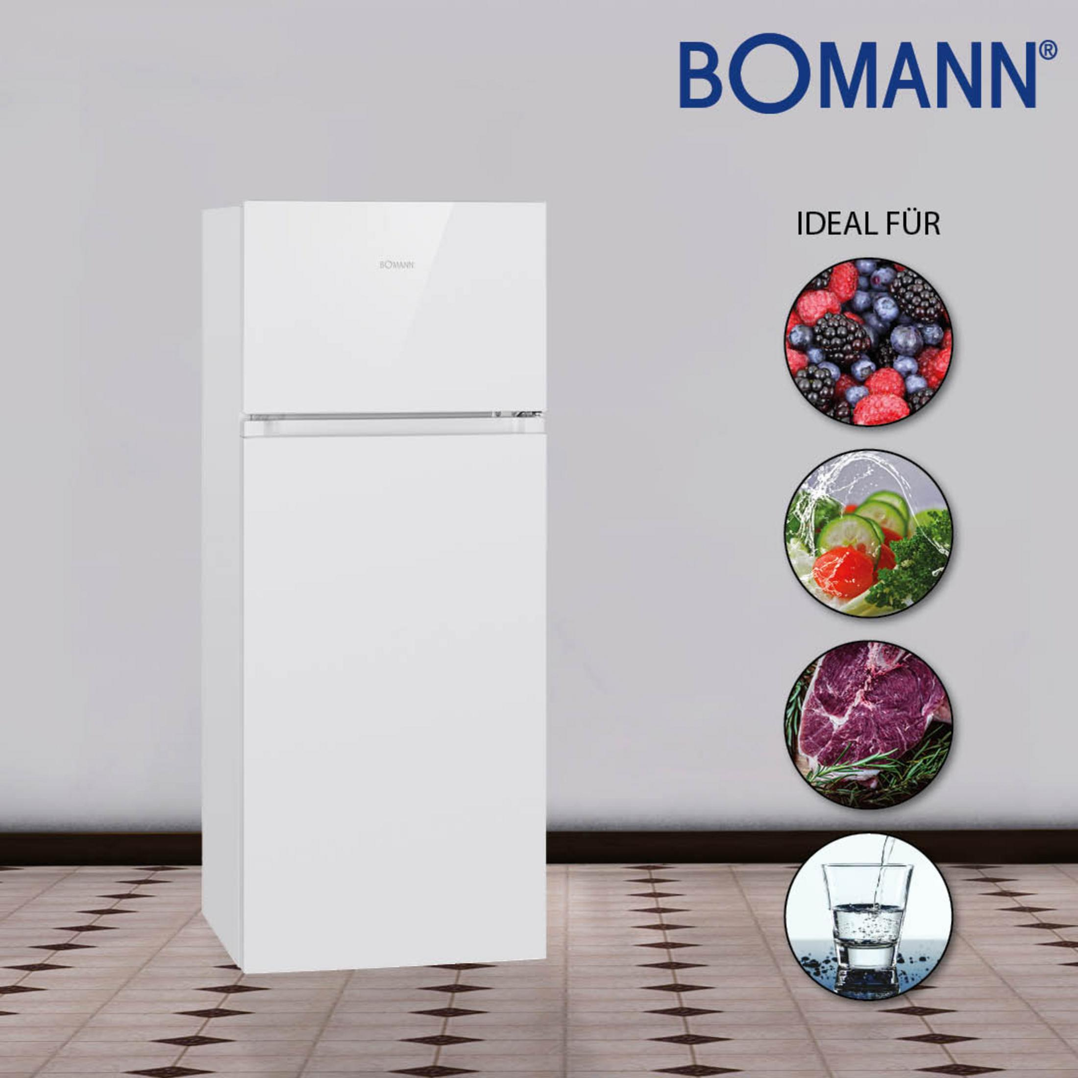 Weißer Bomann-Kühlschrank mit Bildern von Obst, Gemüse, Fleisch und Wasser, die Frische und Verwendung bewerben.